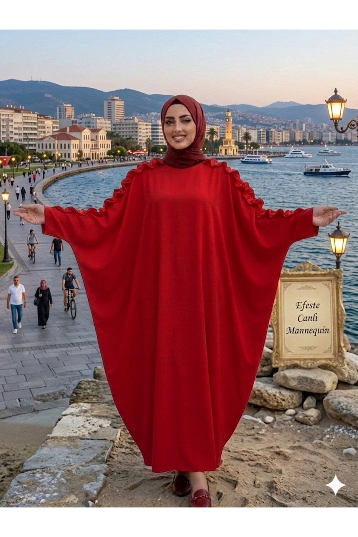 Kırmızı Geniş Kesim Omuzdan Manşete Kadar Fırfırlı Ferace - Fzd Filizzade