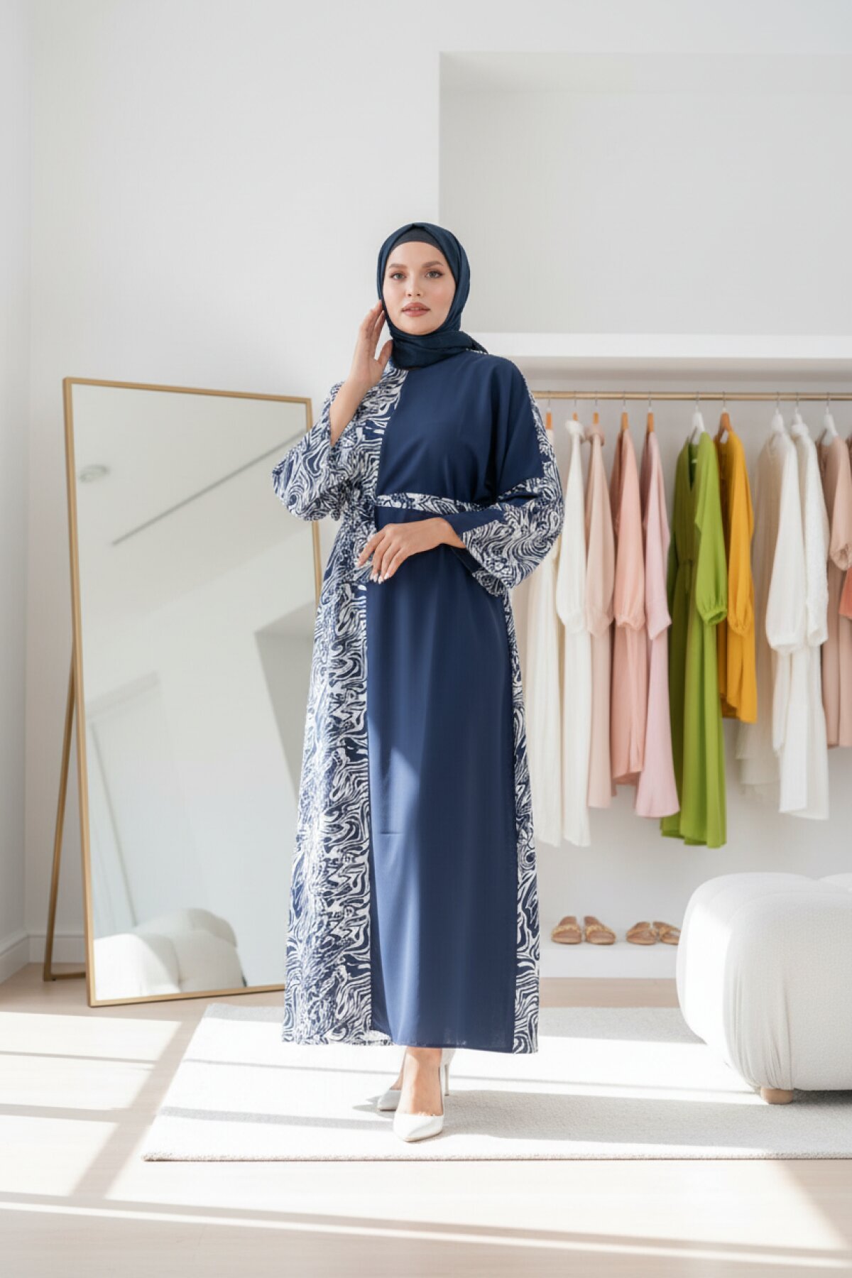 Loose Patterned Panel Detail Dress - Navy Blue - Fzd Filizzade