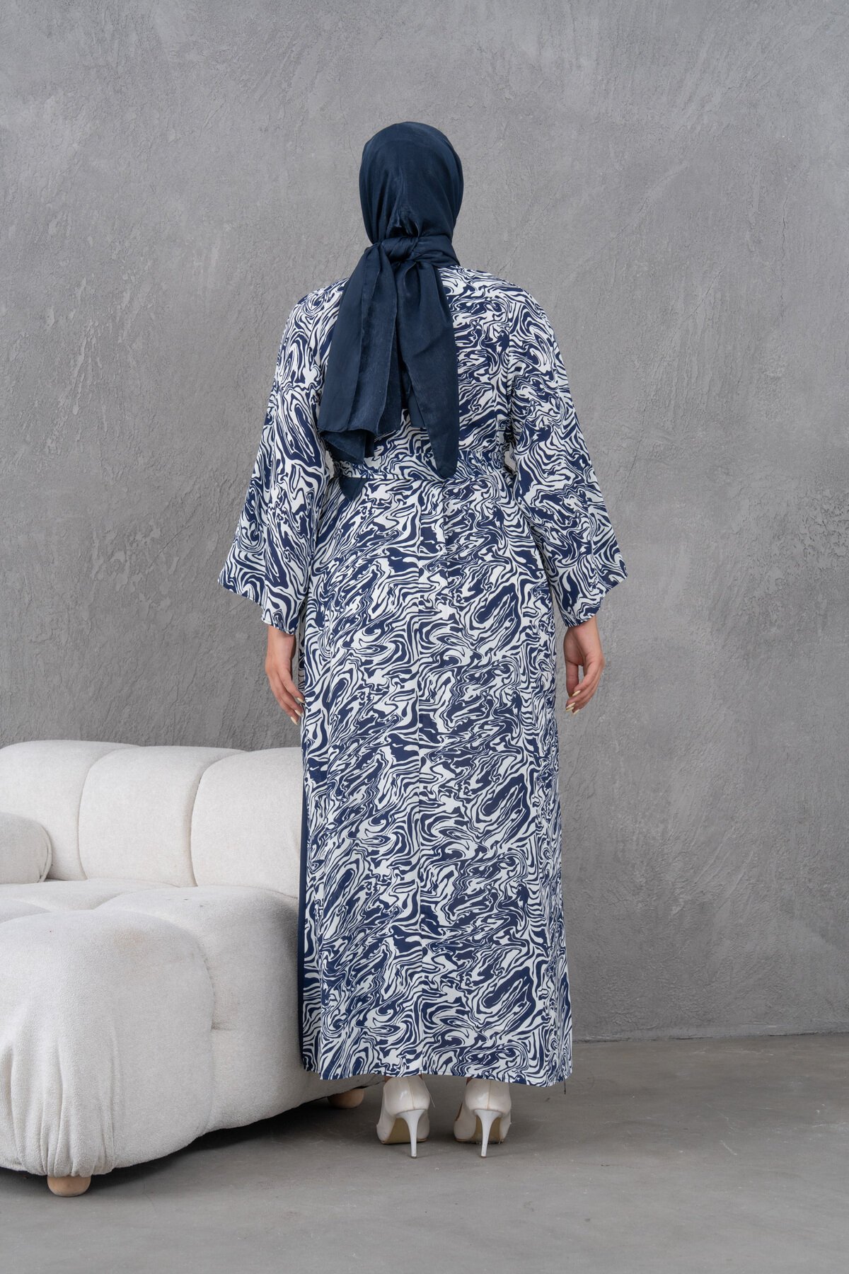 Loose Patterned Panel Detail Dress - Navy Blue - Fzd Filizzade