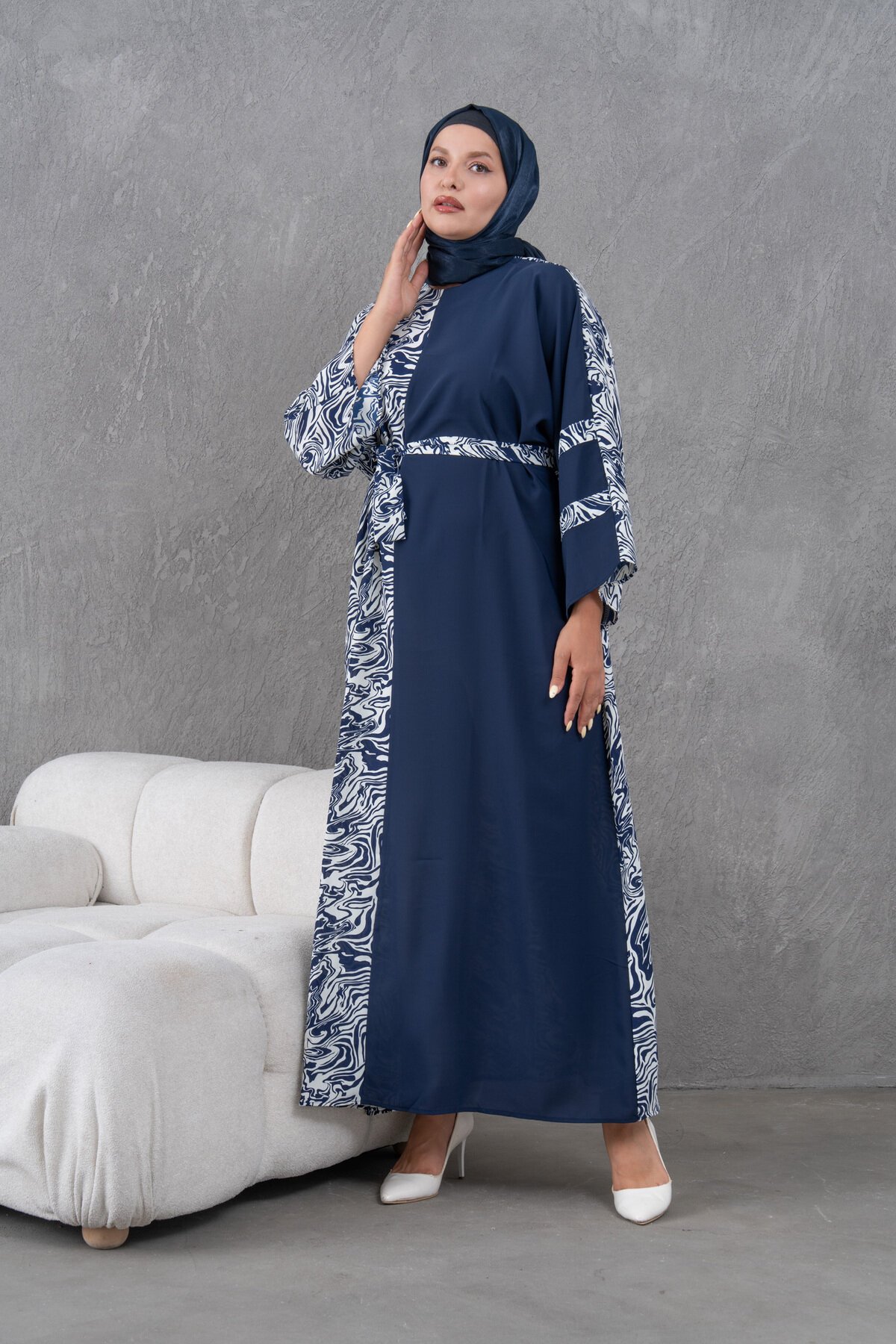 Loose Patterned Panel Detail Dress - Navy Blue - Fzd Filizzade