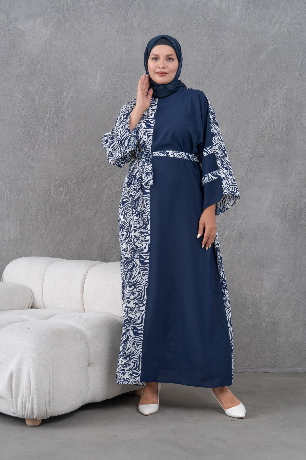 Loose Patterned Panel Detail Dress - Navy Blue - Fzd Filizzade