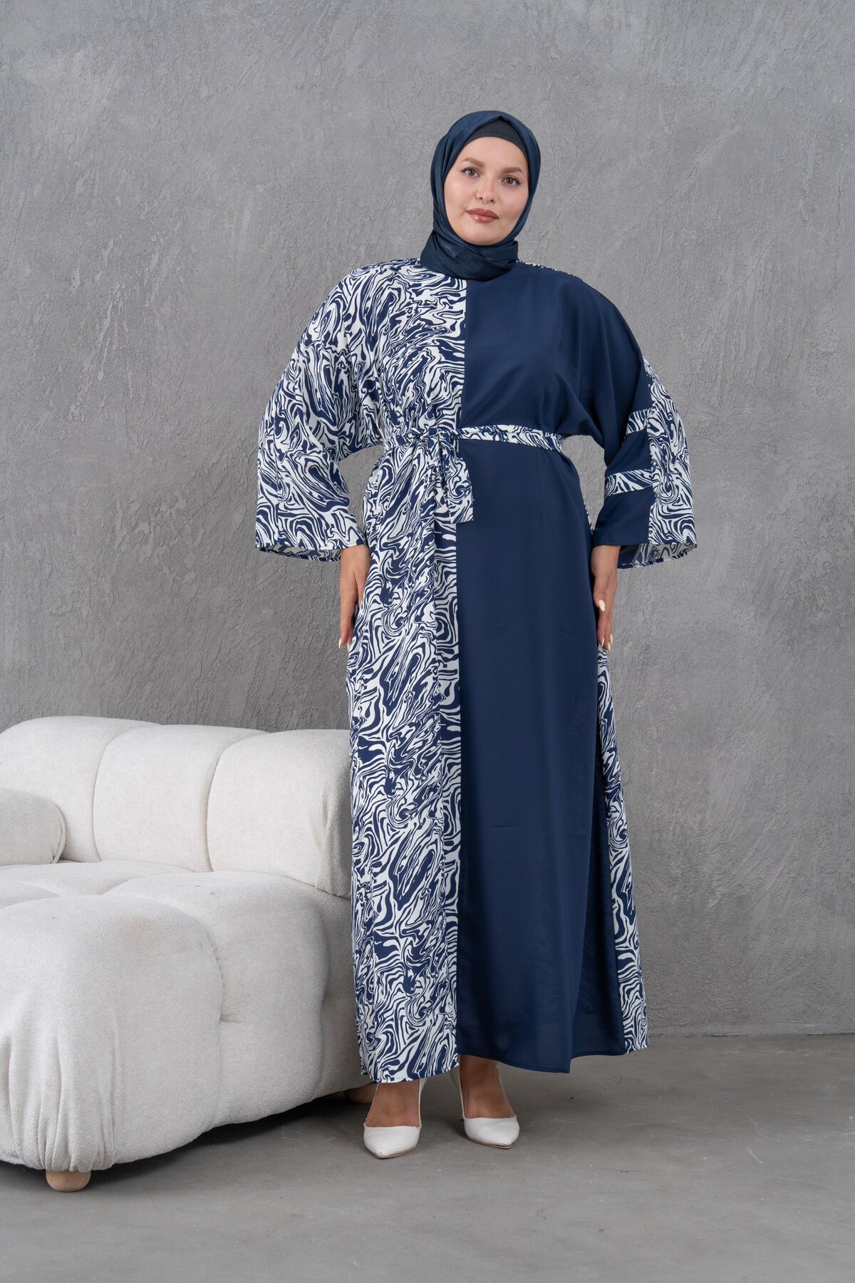 Loose Patterned Panel Detail Dress - Navy Blue - Fzd Filizzade