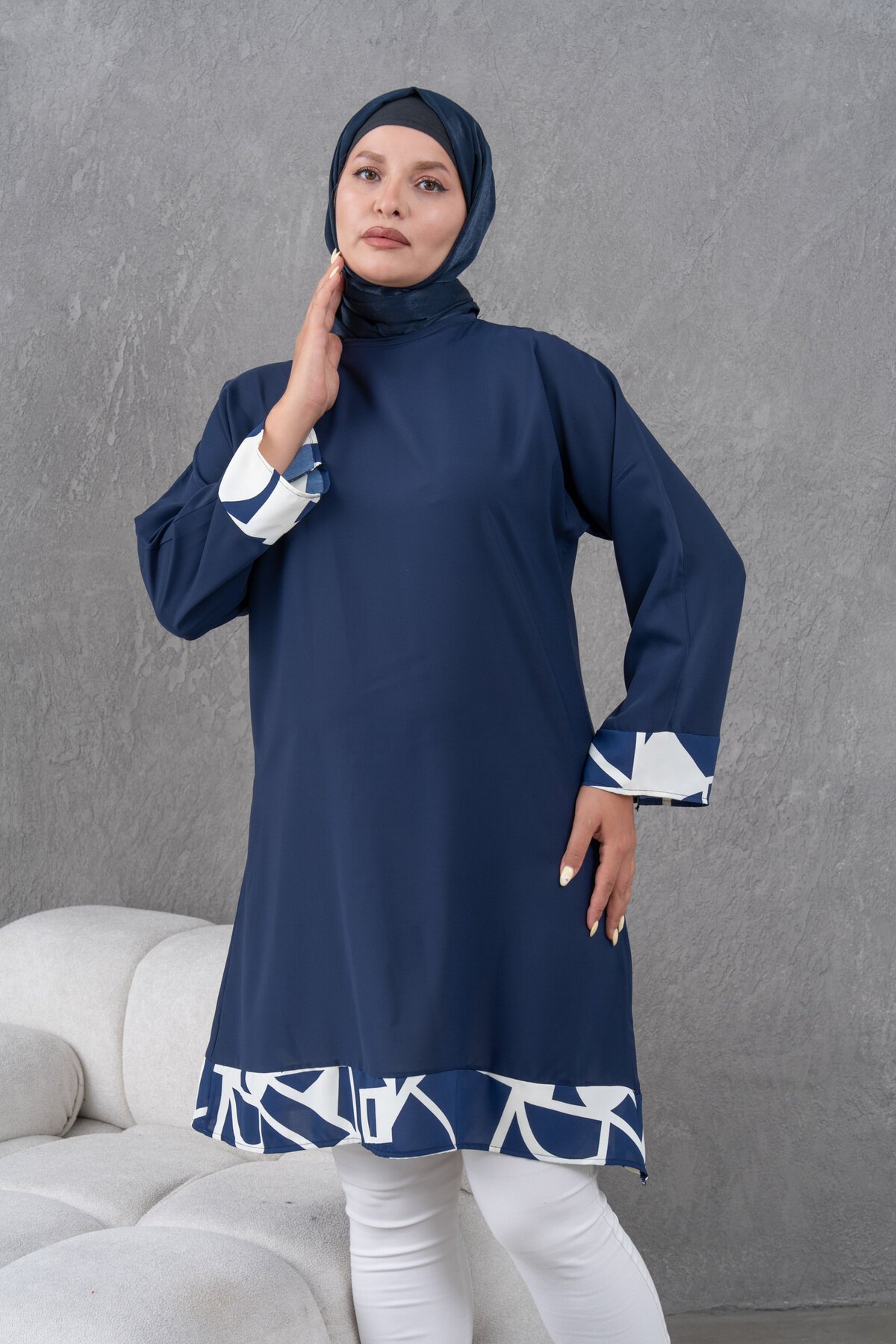 Knee-Length Loose-Fit Trimmed Tunic - Navy Blue - Fzd Filizzade
