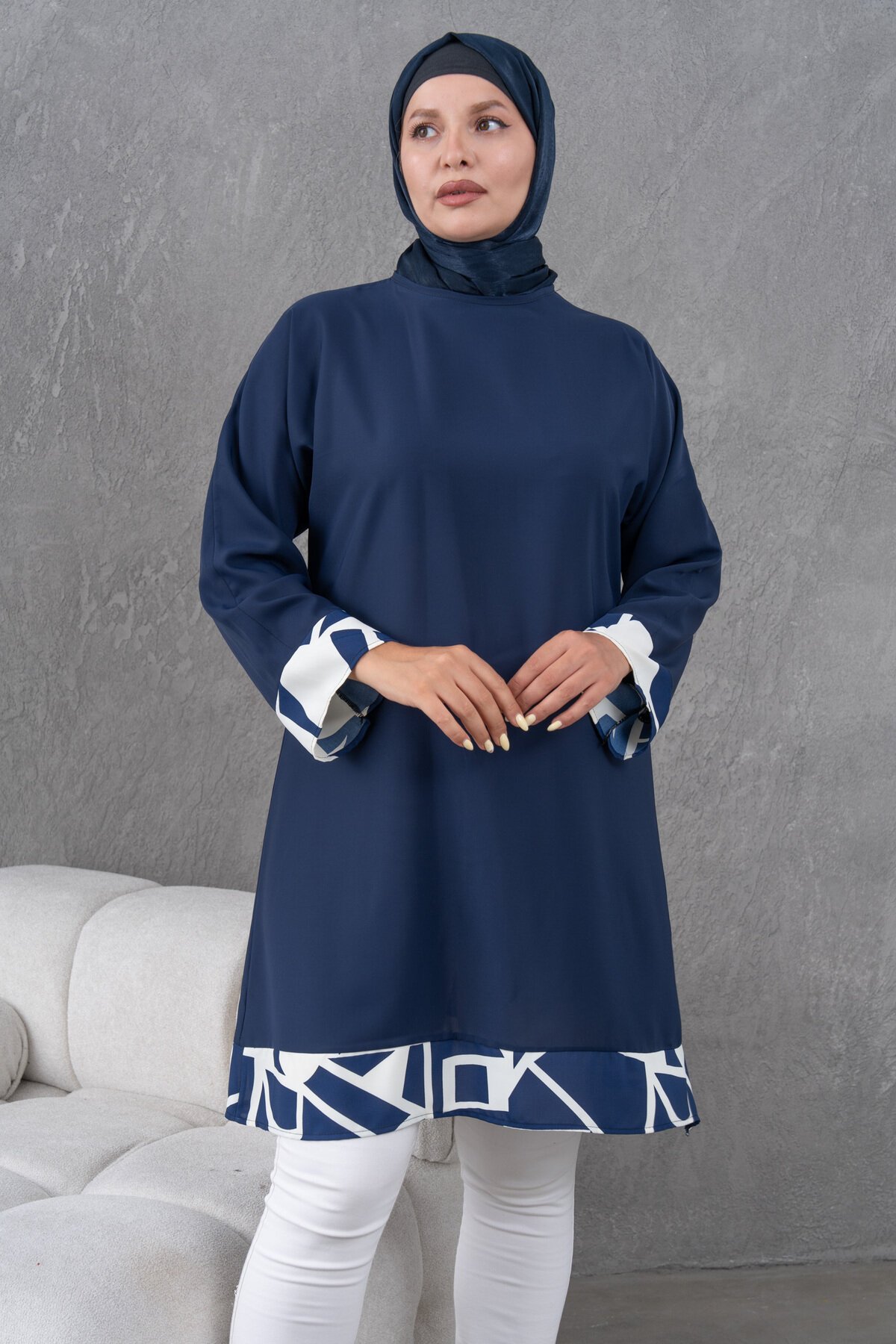 Knee-Length Loose-Fit Trimmed Tunic - Navy Blue - Fzd Filizzade