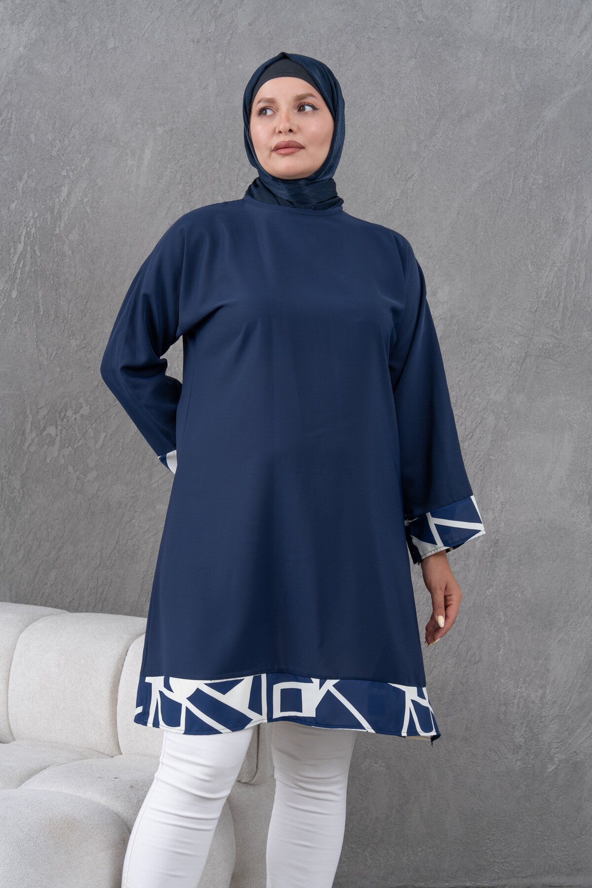 Knee-Length Loose-Fit Trimmed Tunic - Navy Blue - Fzd Filizzade
