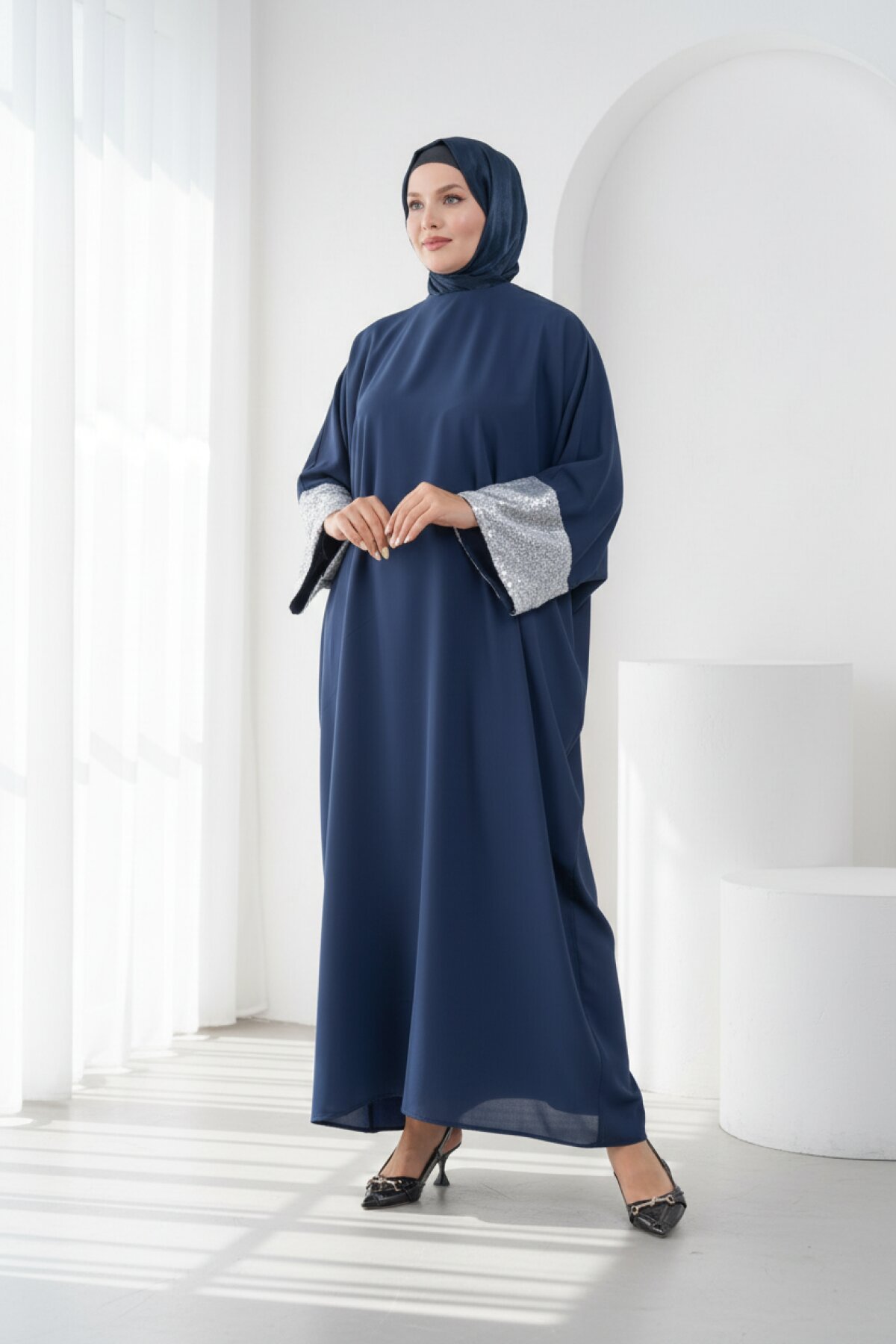 Silver Sequin Detailed Abaya - Navy Blue - Fzd Filizzade