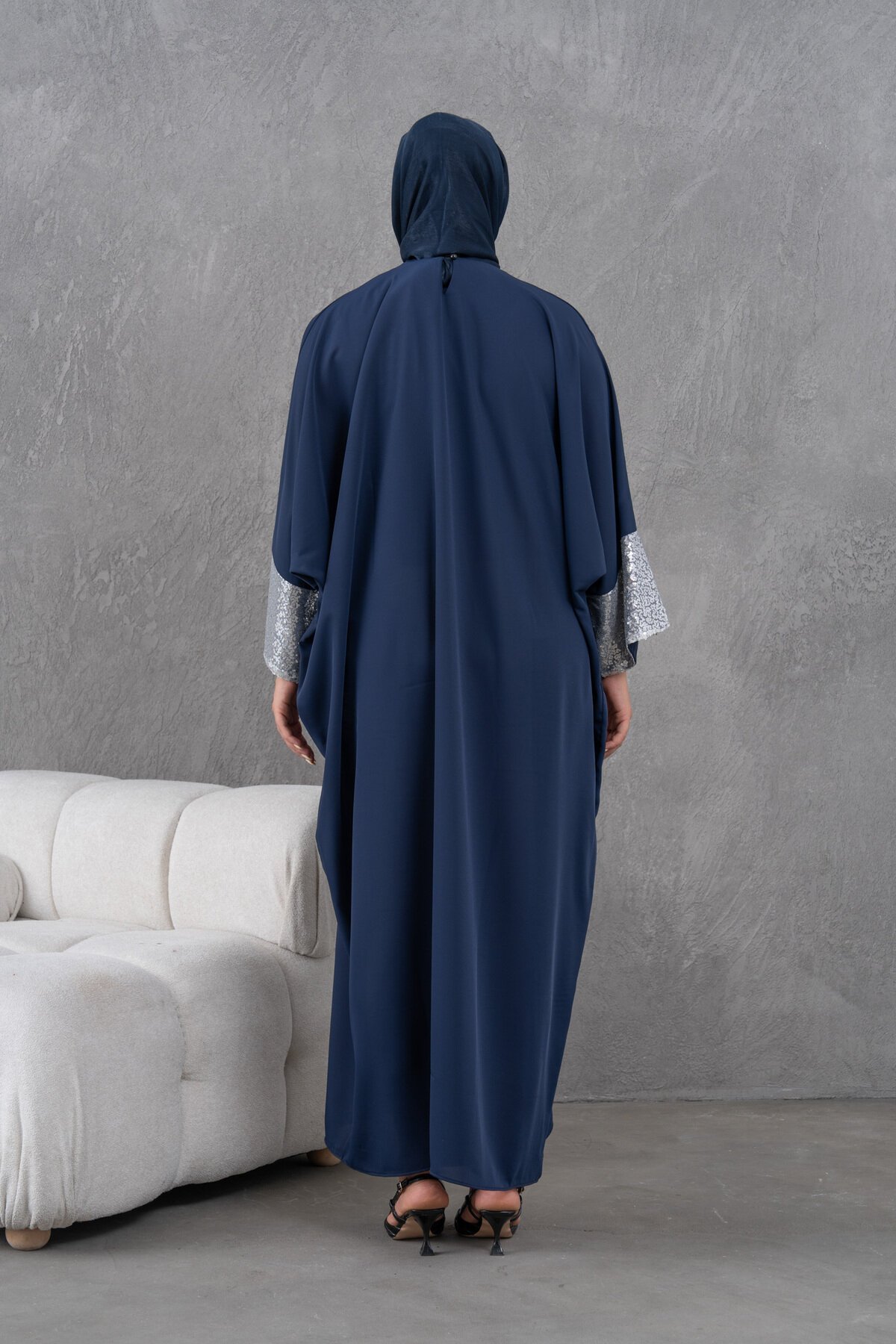 Lacivert Gümüş Kollar Pulpayet Detaylı Abaya Ferace - Fzd Filizzade
