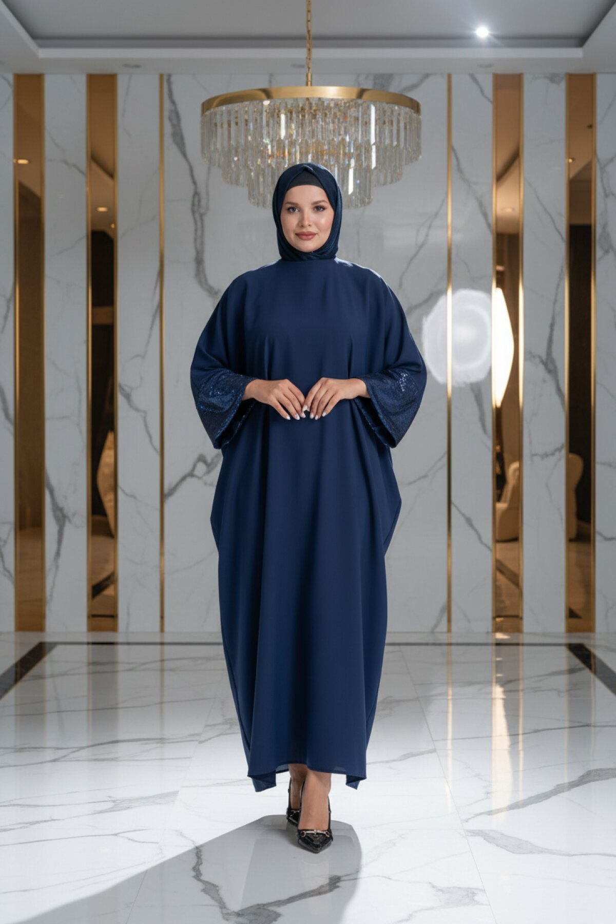 Sequin-Sleeve Modest Abaya - Navy Blue - Fzd Filizzade