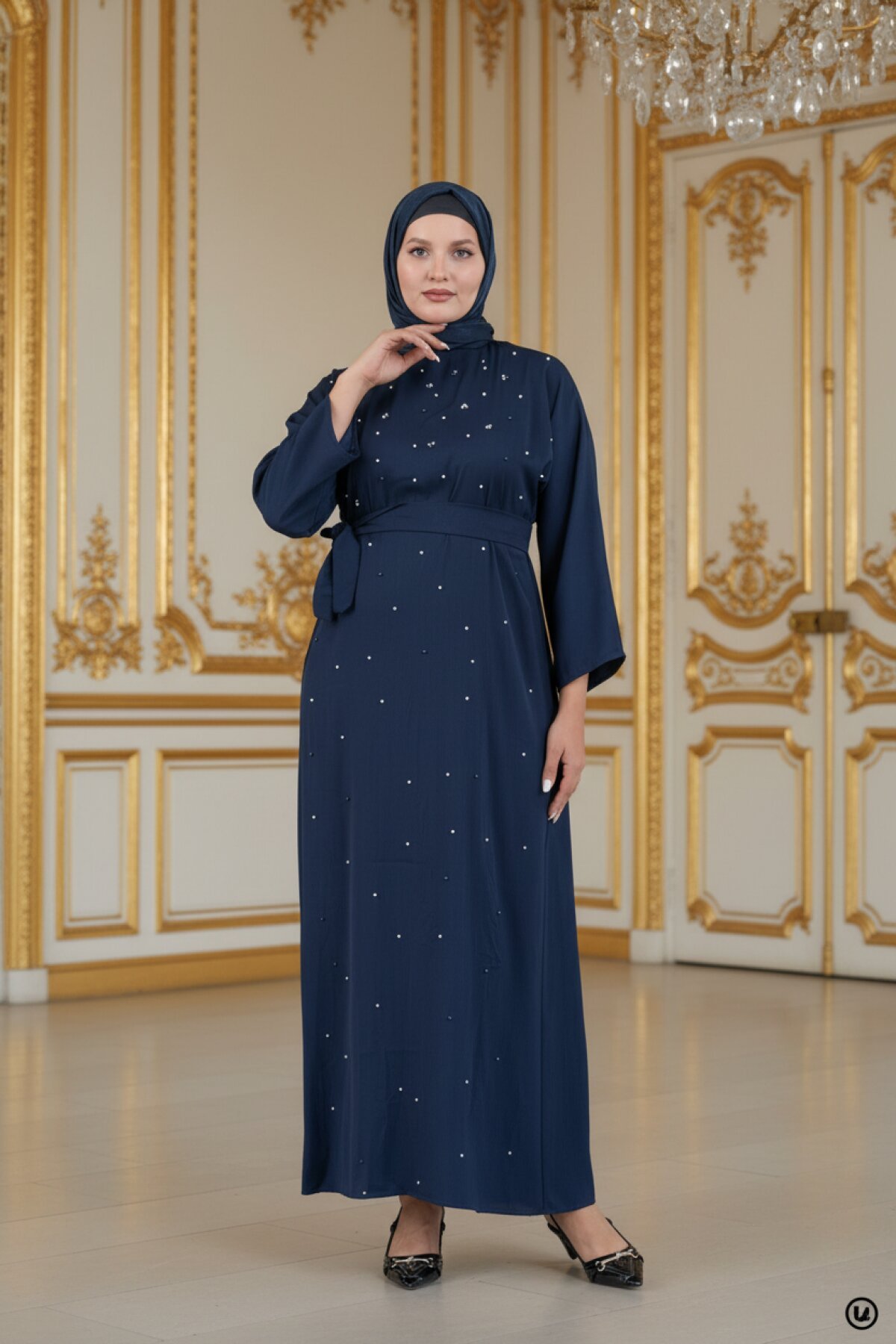 Belted Pearl-Detailed Modest Evening Dress - Navy Blue - Fzd Filizzade