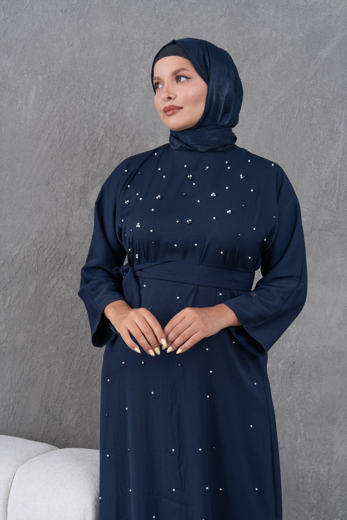 Belted Pearl-Detailed Modest Evening Dress - Navy Blue - Fzd Filizzade
