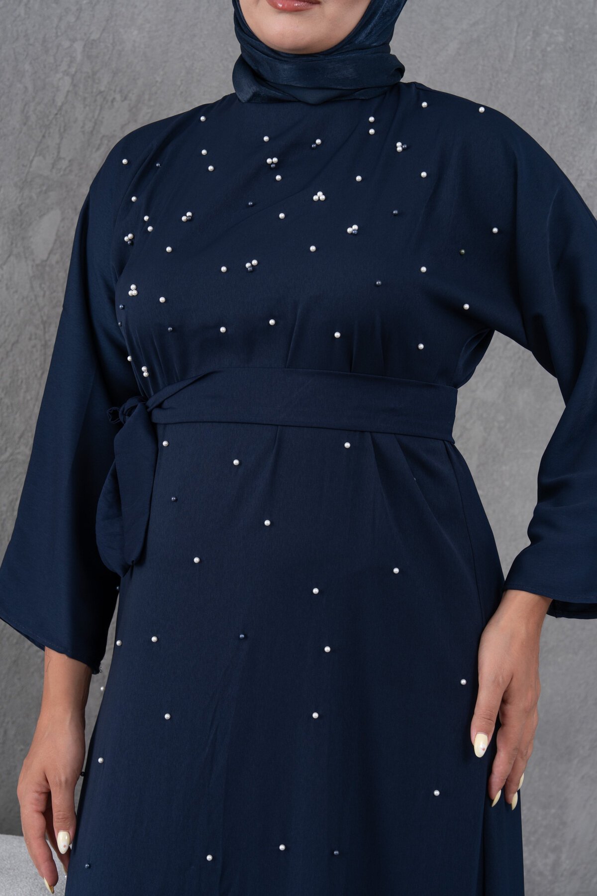 Belted Pearl-Detailed Modest Evening Dress - Navy Blue - Fzd Filizzade