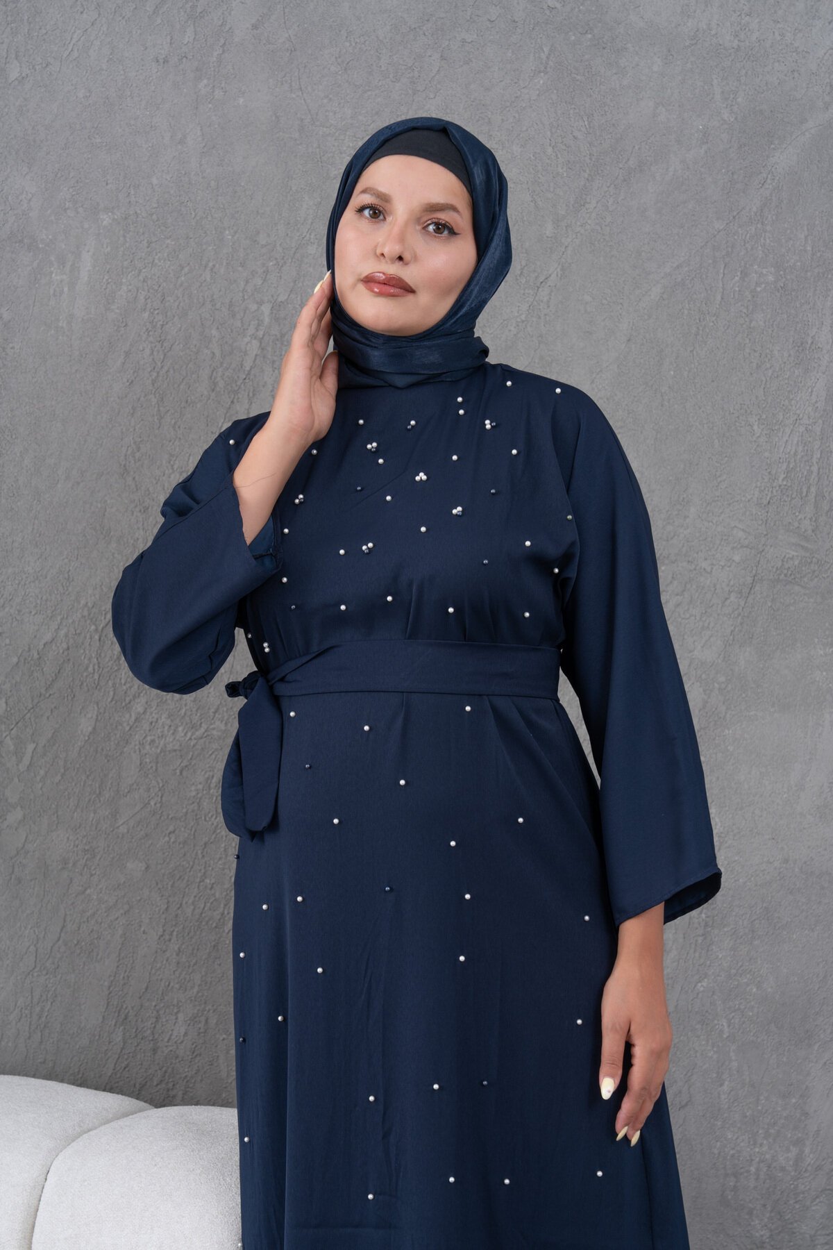 Belted Pearl-Detailed Modest Evening Dress - Navy Blue - Fzd Filizzade