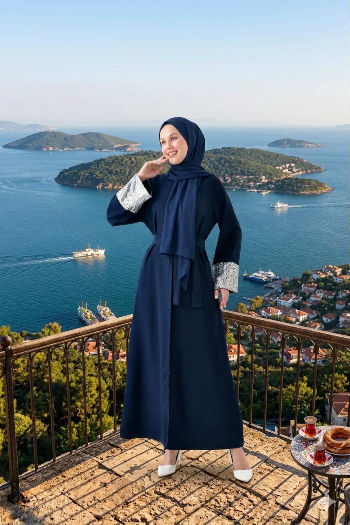 Lacivert Önü Açık Kuşaklı Abaya Ferace - Fzd Filizzade