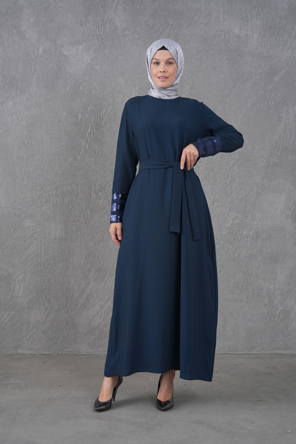 Belted Sequin-Trim Modest Dress - Navy Blue - Fzd Filizzade