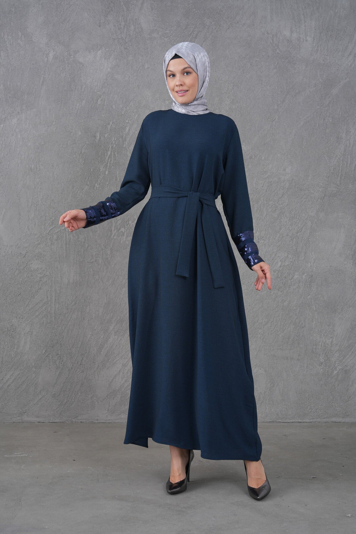 Belted Sequin-Trim Modest Dress - Navy Blue - Fzd Filizzade