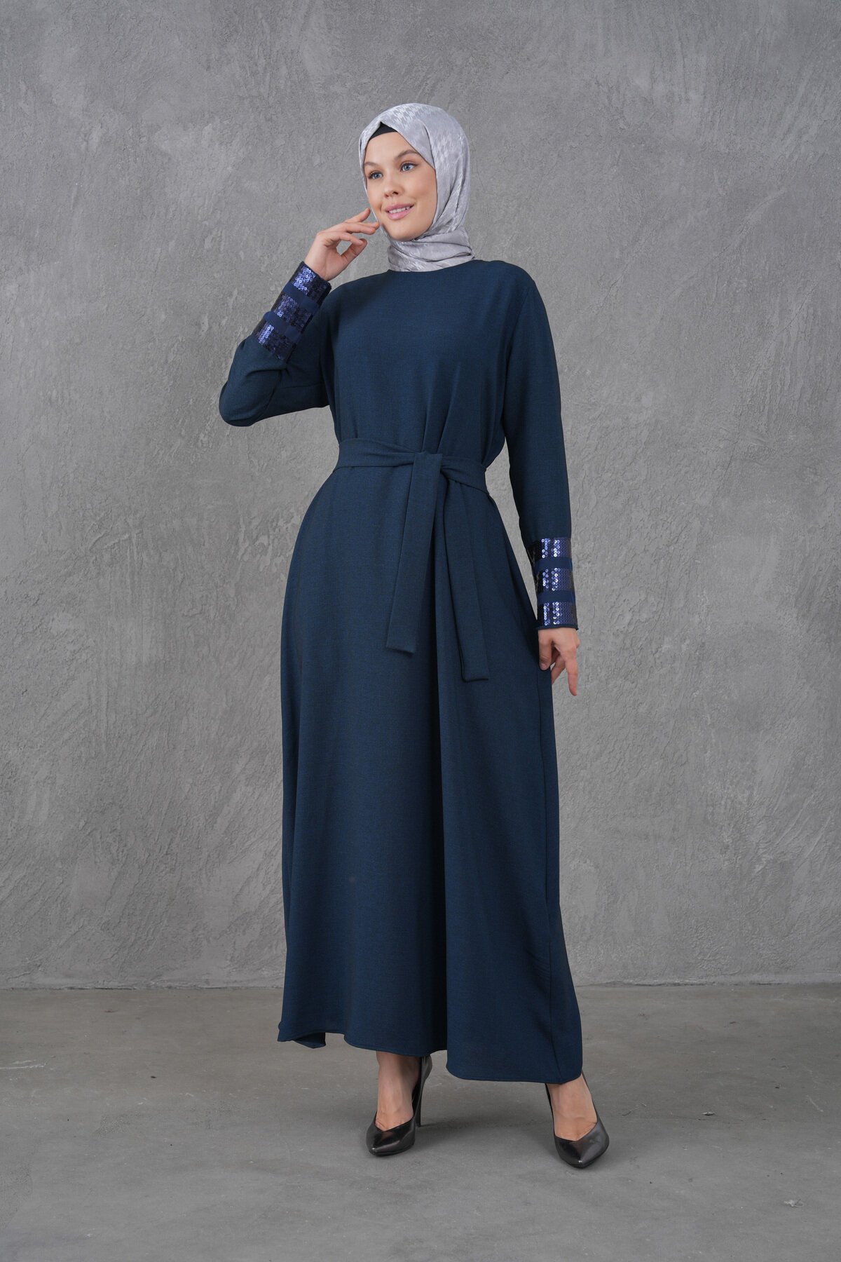 Belted Sequin-Trim Modest Dress - Navy Blue - Fzd Filizzade