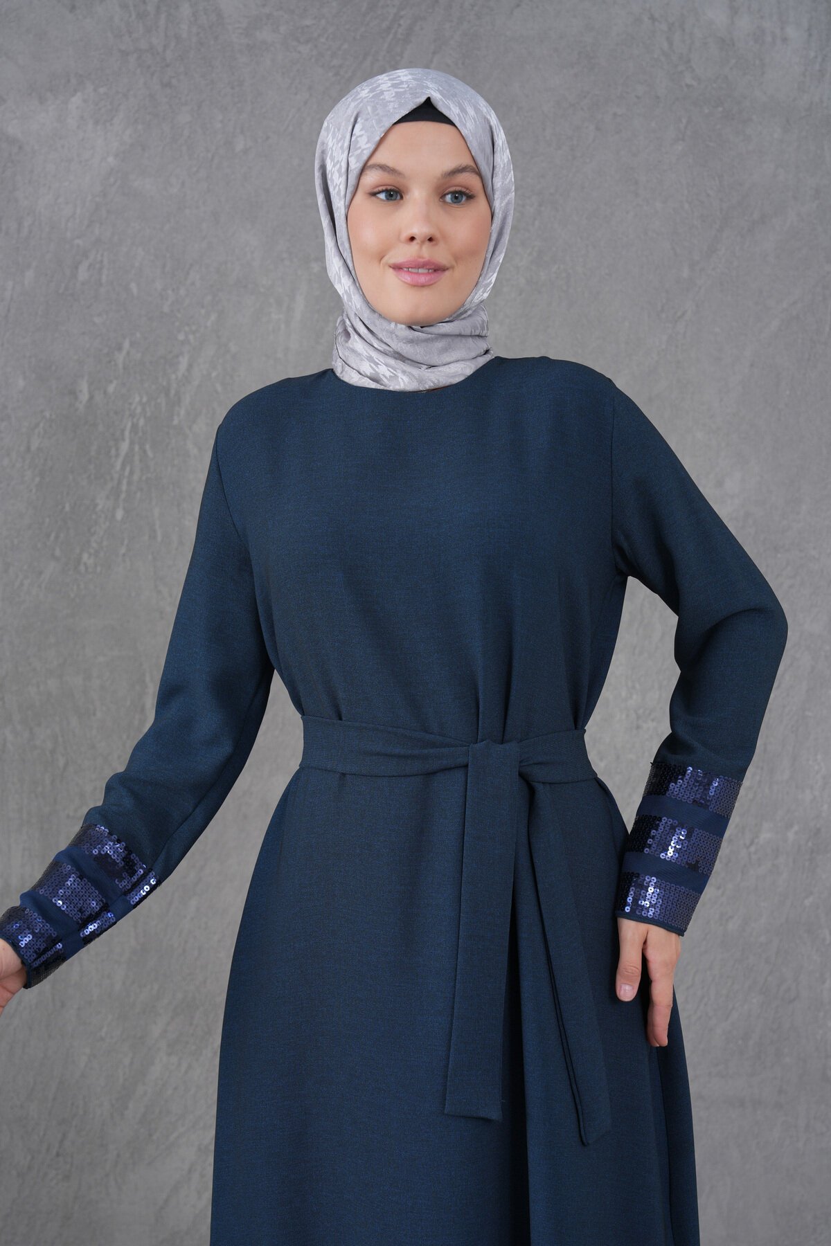 Belted Sequin-Trim Modest Dress - Navy Blue - Fzd Filizzade