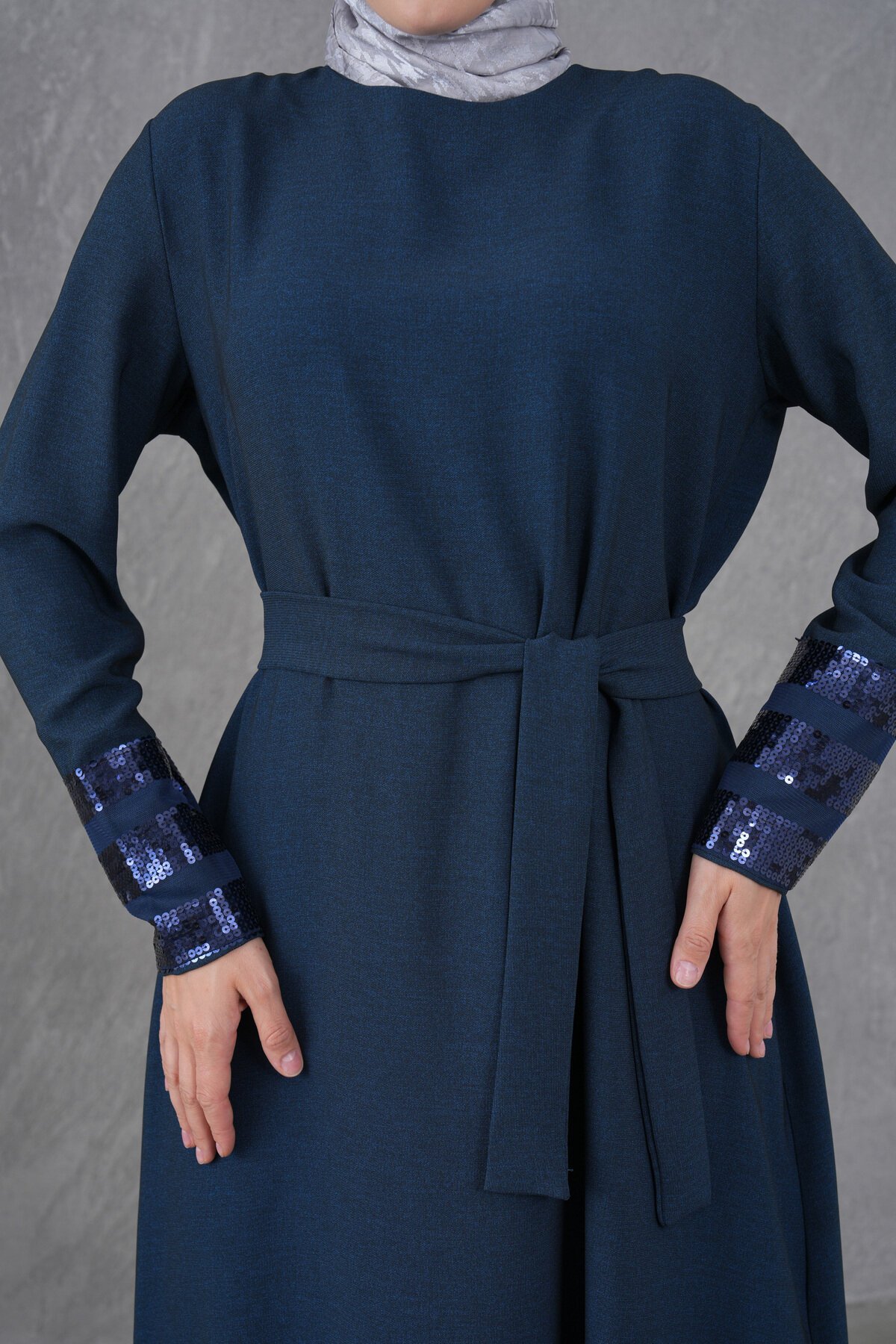 Belted Sequin-Trim Modest Dress - Navy Blue - Fzd Filizzade