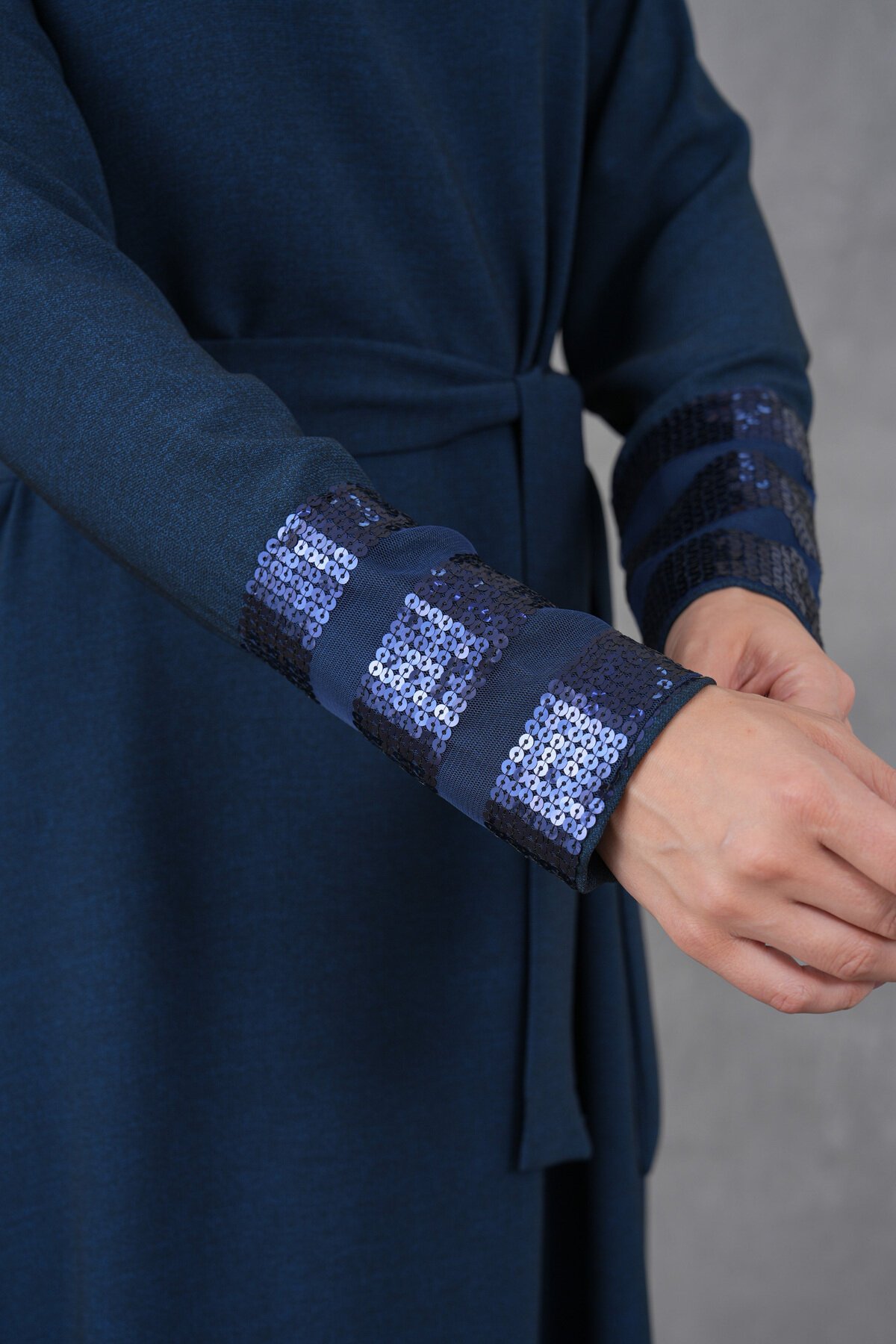 Belted Sequin-Trim Modest Dress - Navy Blue - Fzd Filizzade
