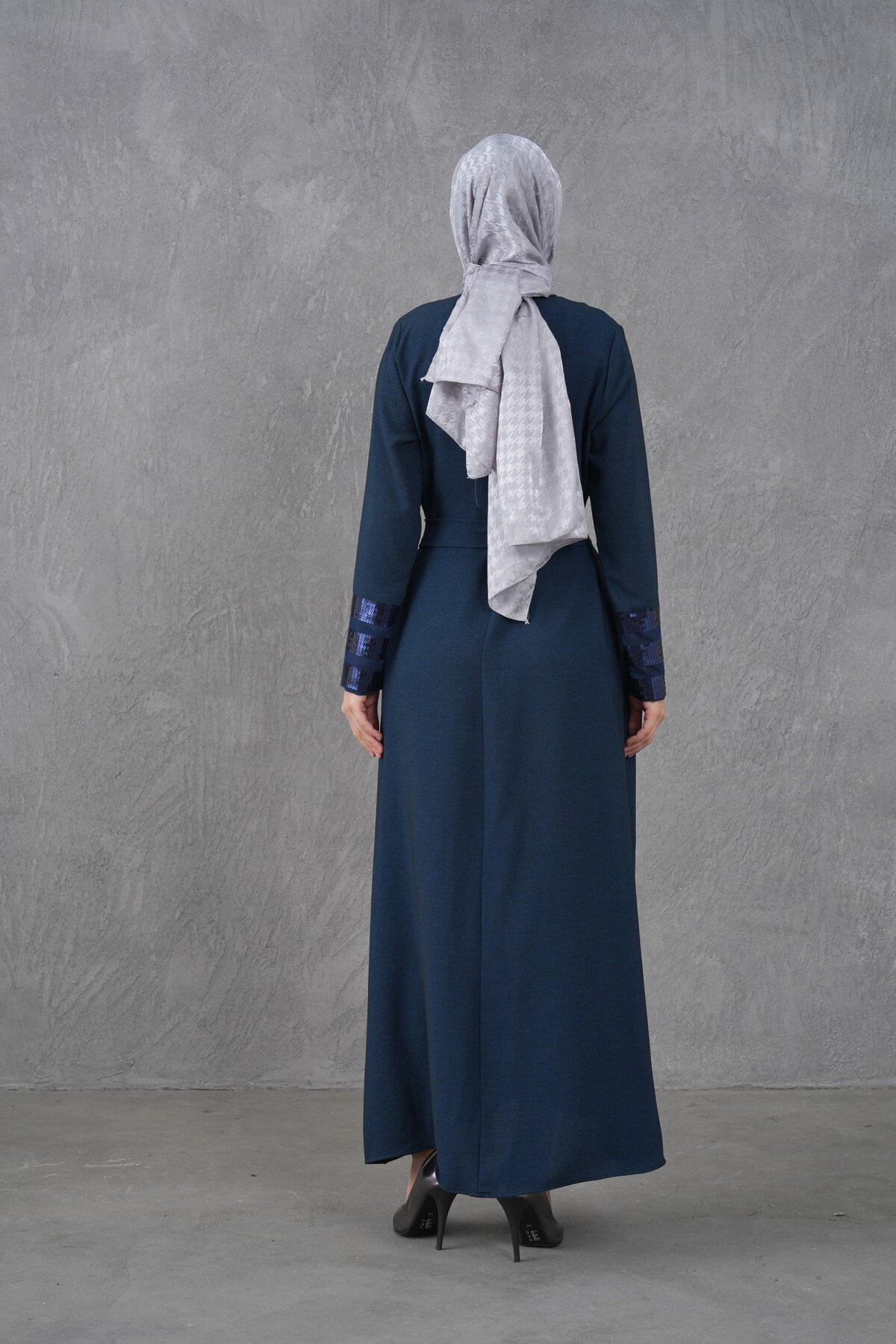 Belted Sequin-Trim Modest Dress - Navy Blue - Fzd Filizzade