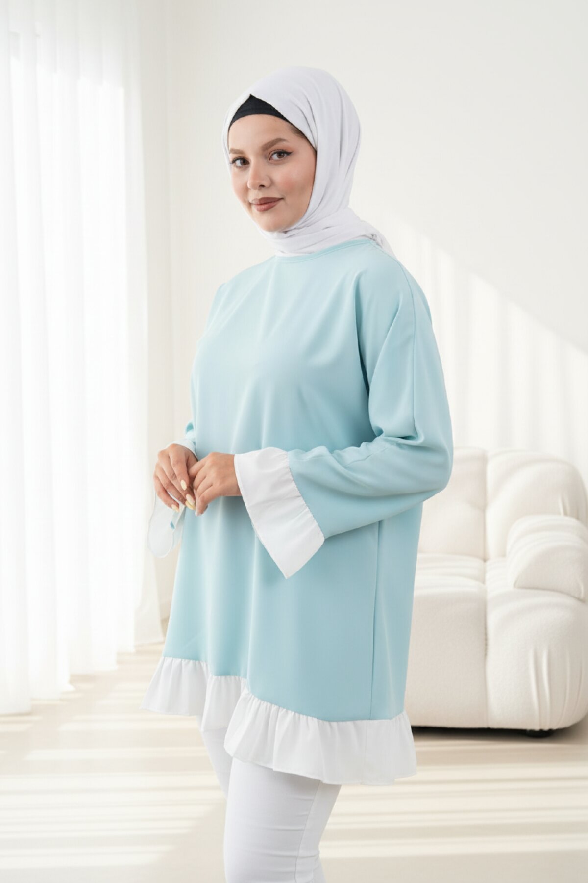 Loose-Fit Ruffle Detail Tunic - Mint Green - Fzd Filizzade