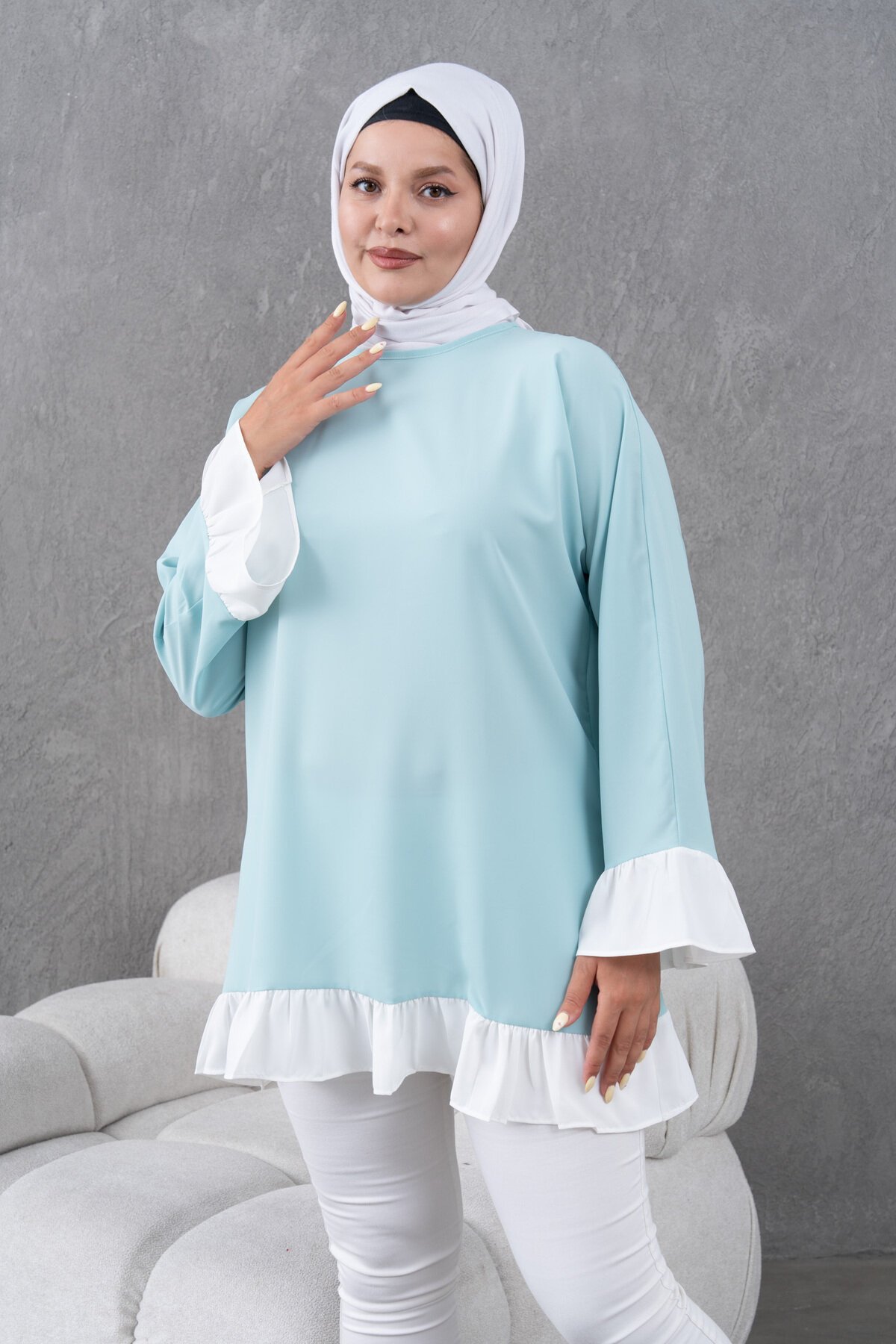 Mint Yeşili Salaş Garnili Fırfırlı Tunik - Fzd Filizzade