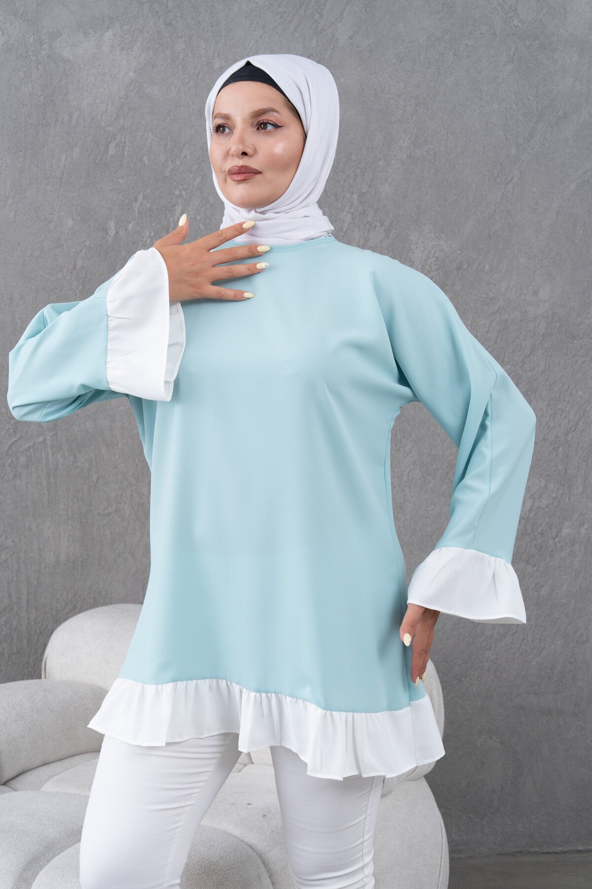 Mint Yeşili Salaş Garnili Fırfırlı Tunik - Fzd Filizzade