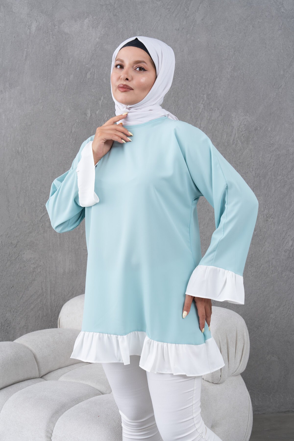 Mint Yeşili Salaş Garnili Fırfırlı Tunik - Fzd Filizzade