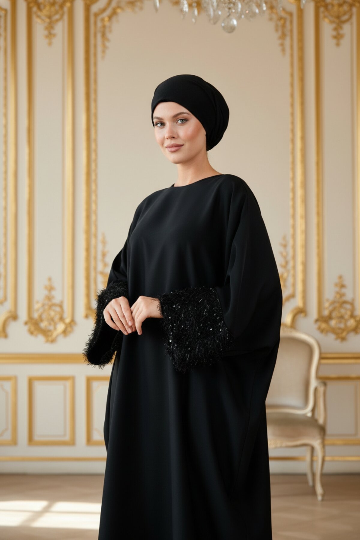Plus Size Tassel-Sleeve Abaya - Black - Fzd Filizzade