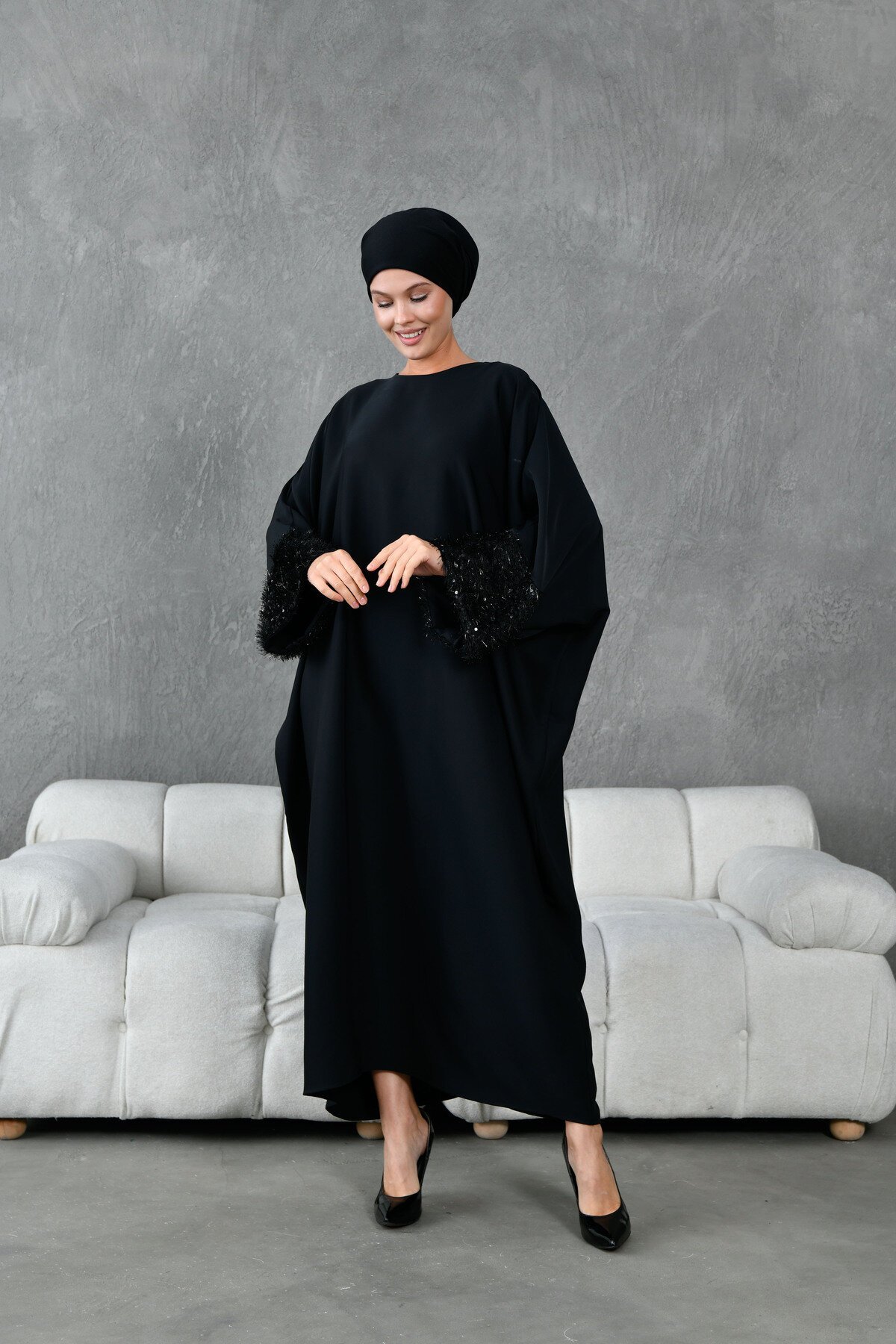 Plus Size Tassel-Sleeve Abaya - Black - Fzd Filizzade
