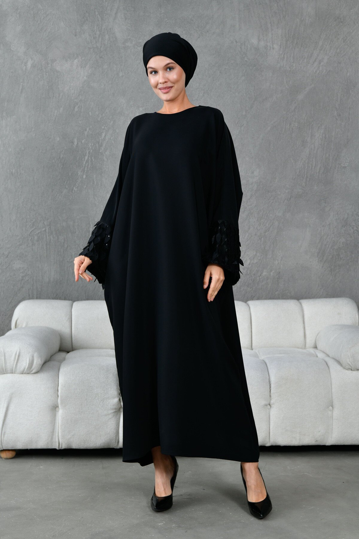 Plus Size Tassel-Sleeve Abaya - Black - Fzd Filizzade