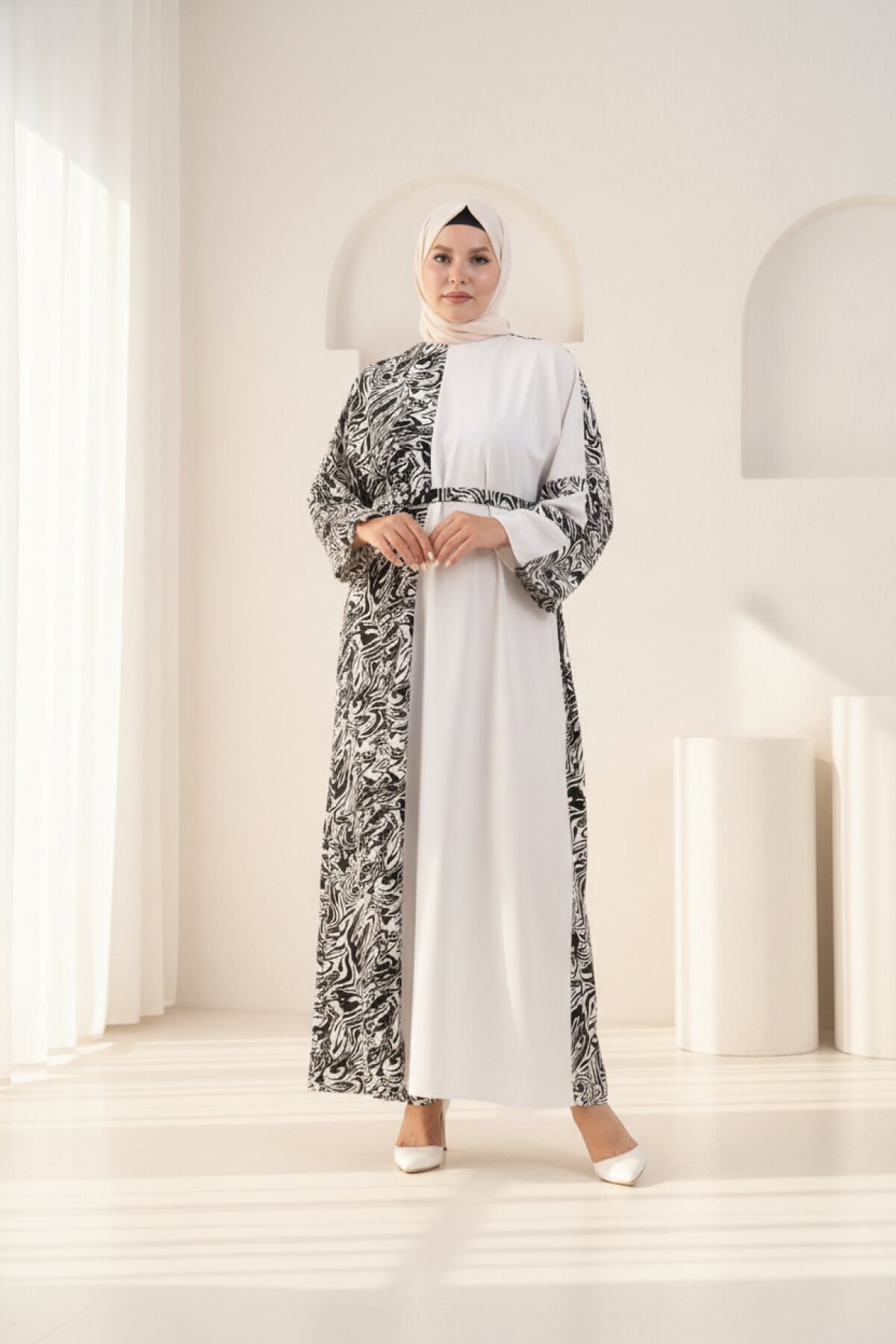 Loose Patterned Detailed Modest Dress - Black Ecru - Fzd Filizzade
