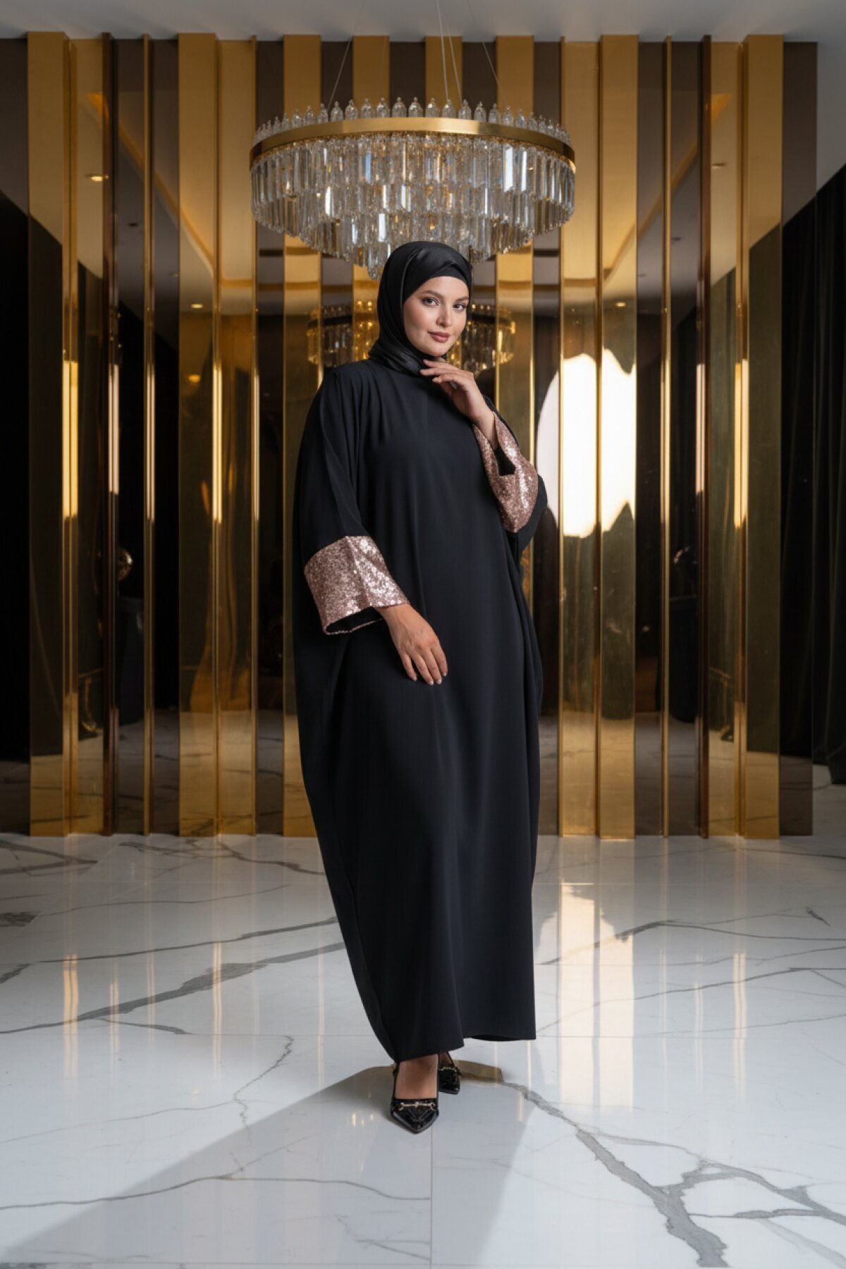 Sequin-Detailed Abaya - Black with Gold - Fzd Filizzade