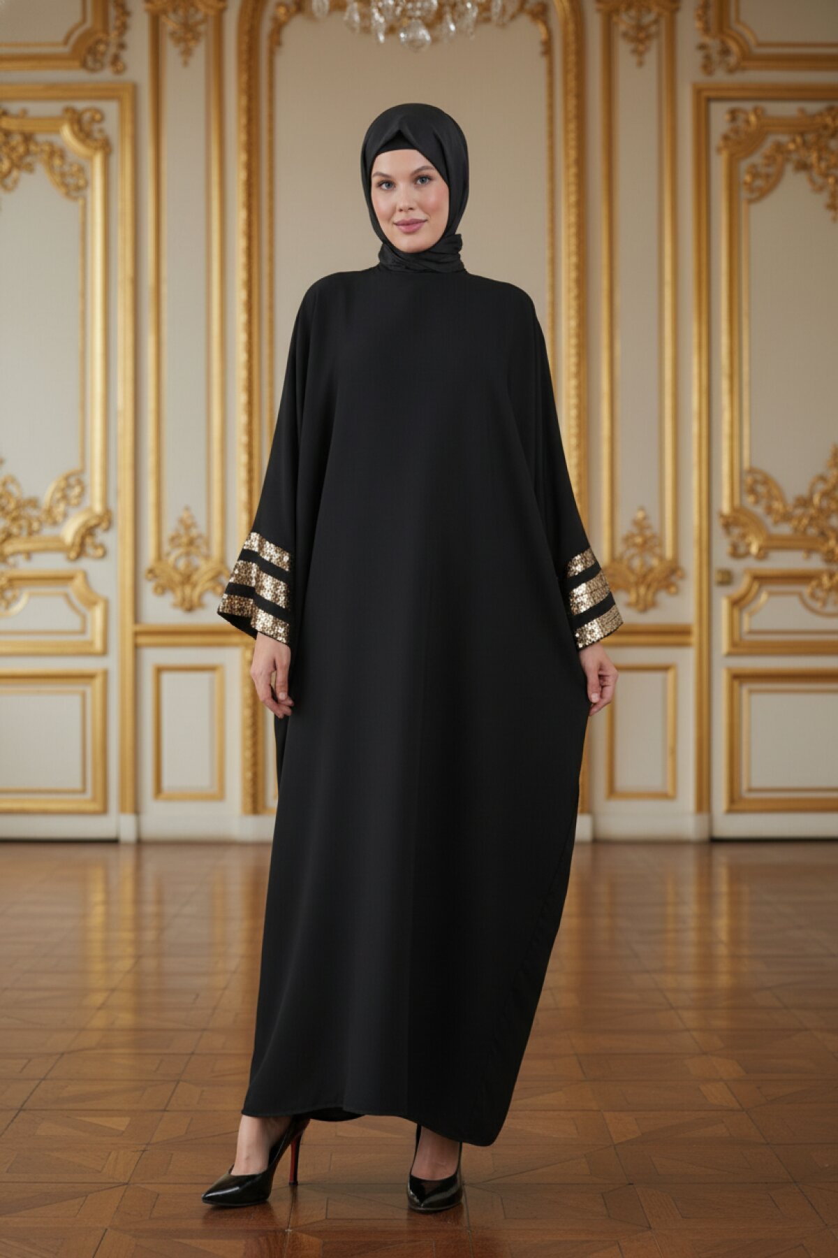 Gold Sequin-Sleeve Striped Modest Abaya - Black - Fzd Filizzade