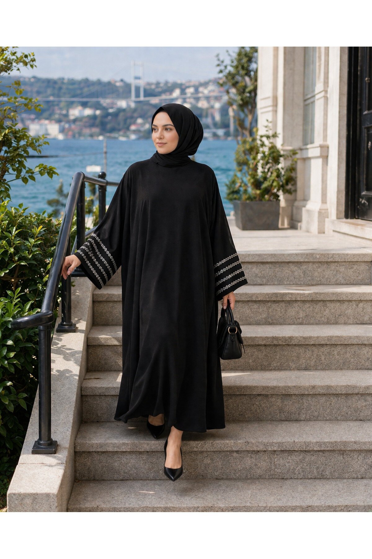 Plus Size Silver-Detailed Abaya - Black - Fzd Filizzade