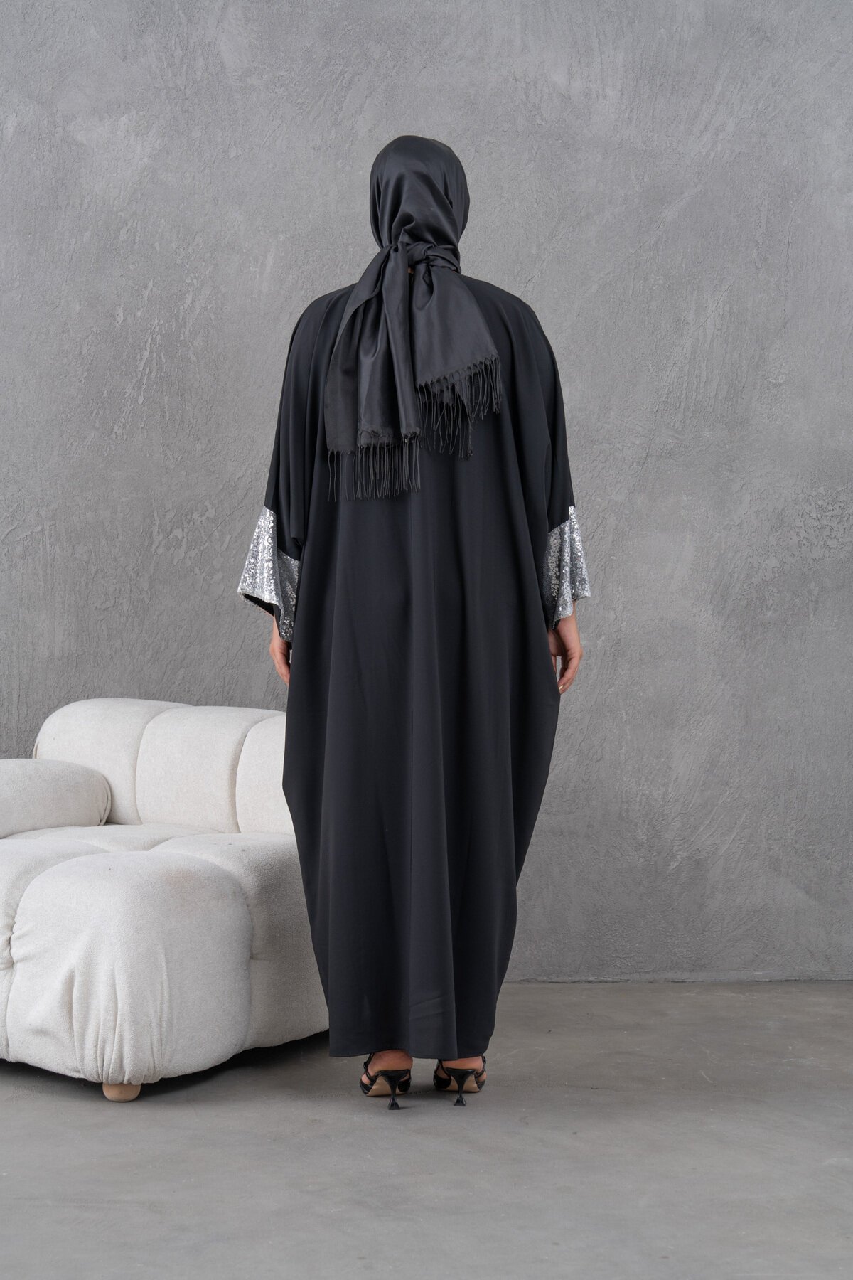 Sequin-Sleeve Abaya - Black - Fzd Filizzade