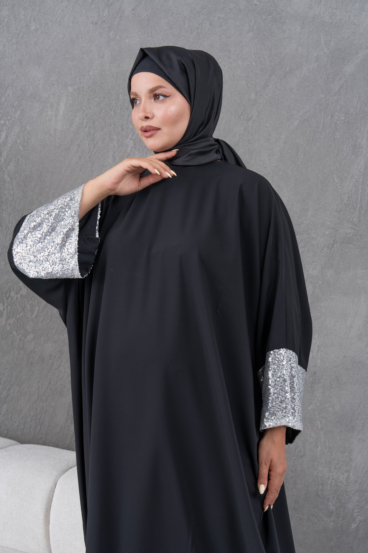 Sequin-Sleeve Abaya - Black - Fzd Filizzade