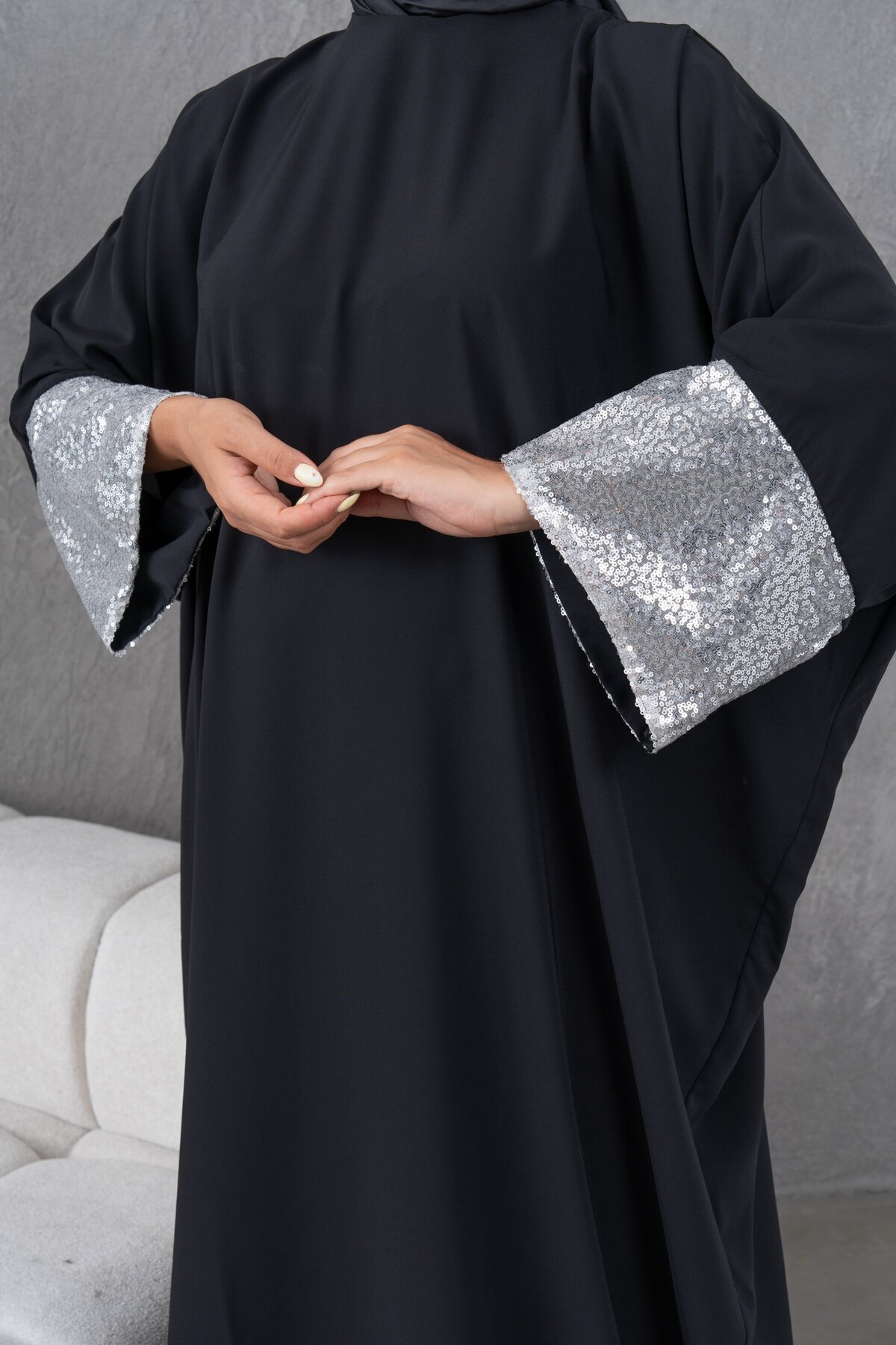 Sequin-Sleeve Abaya - Black - Fzd Filizzade
