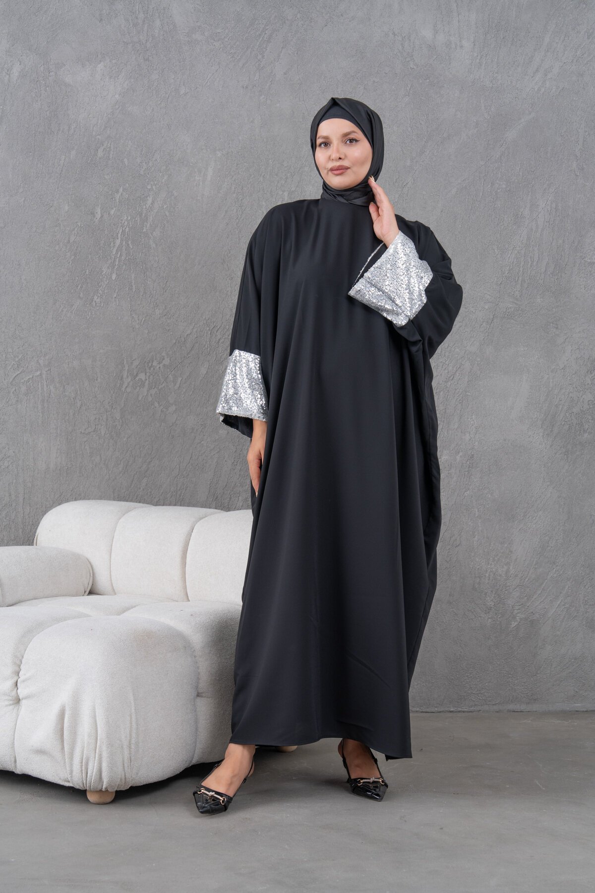 Sequin-Sleeve Abaya - Black - Fzd Filizzade