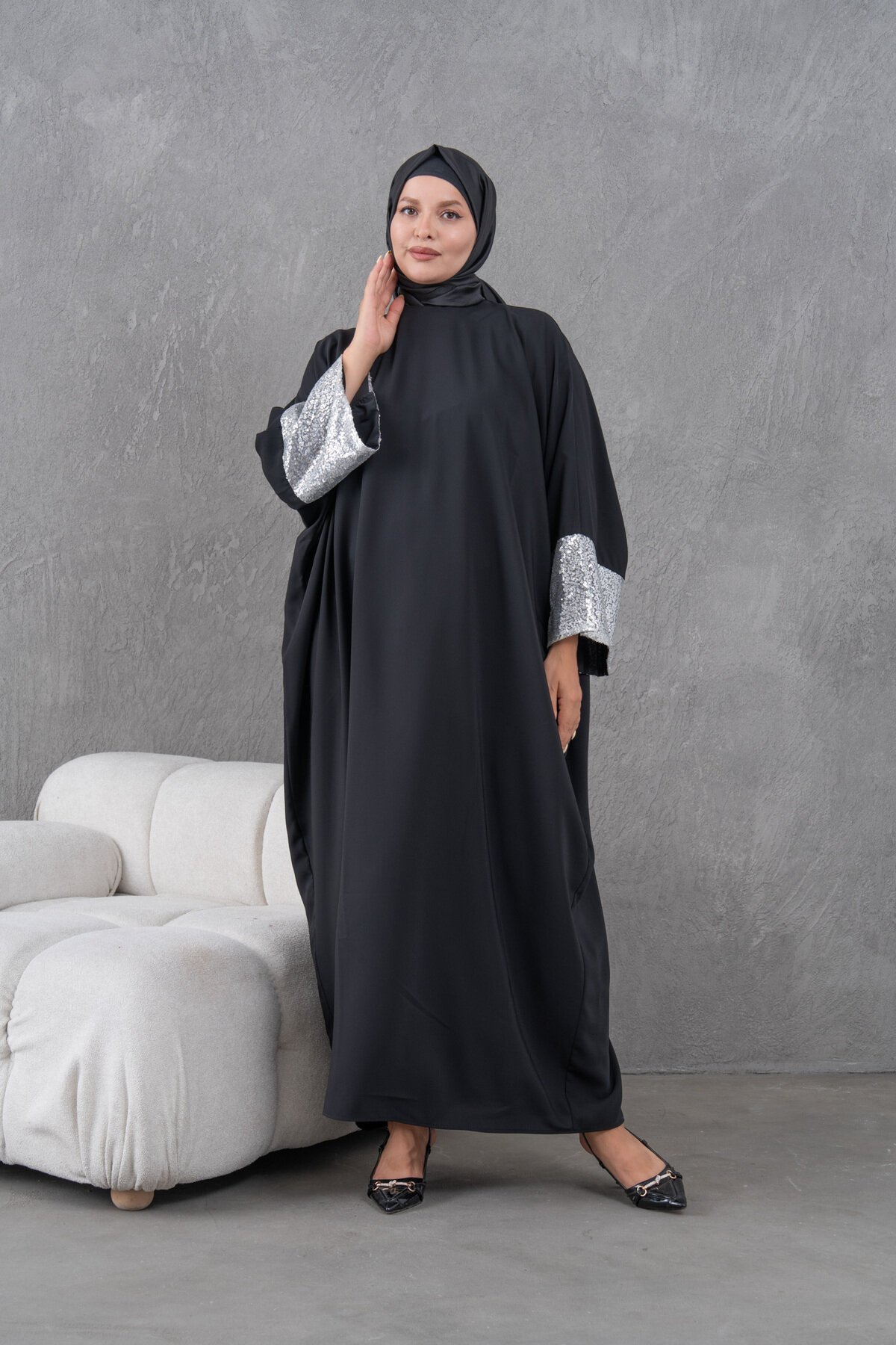 Sequin-Sleeve Abaya - Black - Fzd Filizzade
