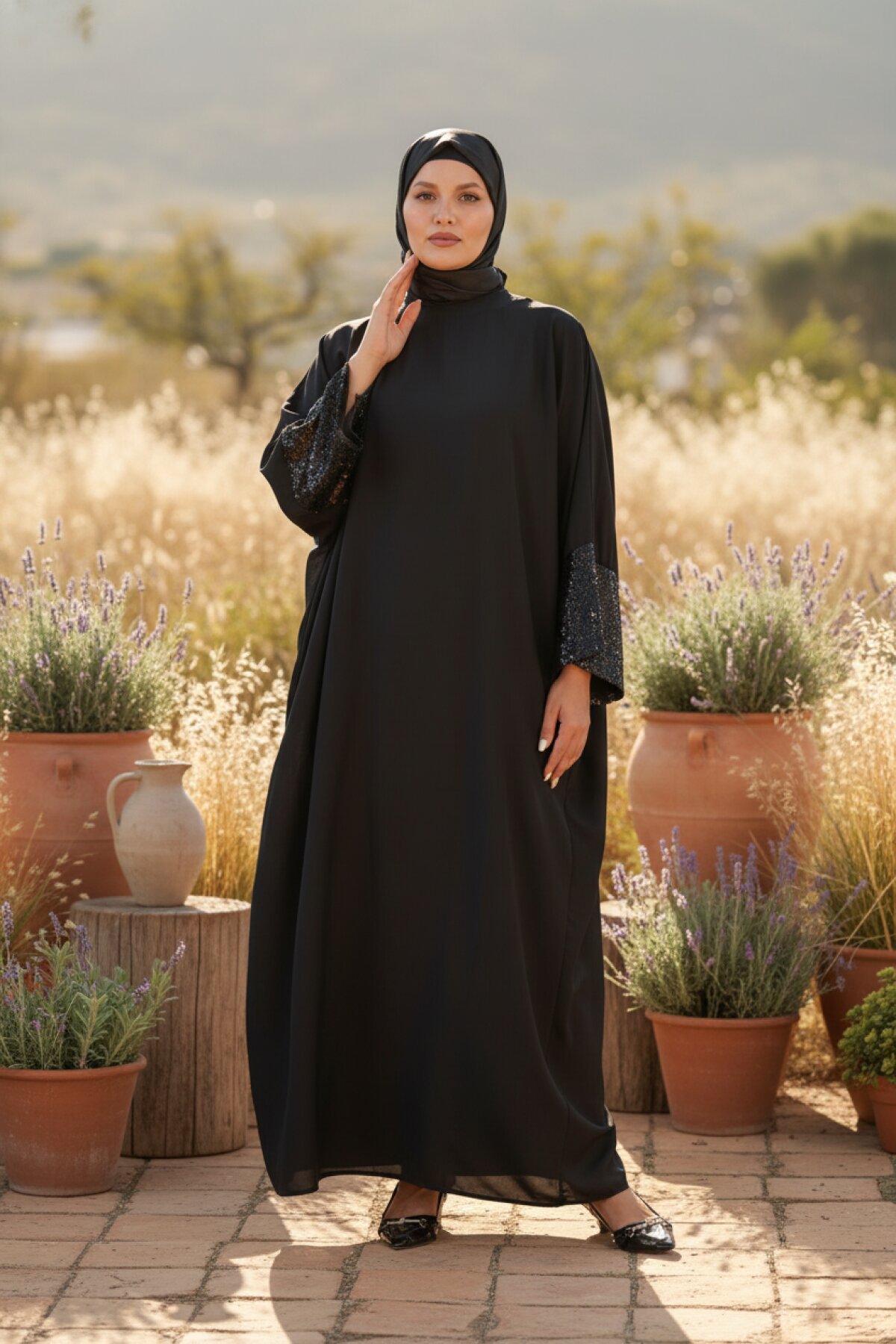Sequin Sleeve Abaya - Black - Fzd Filizzade