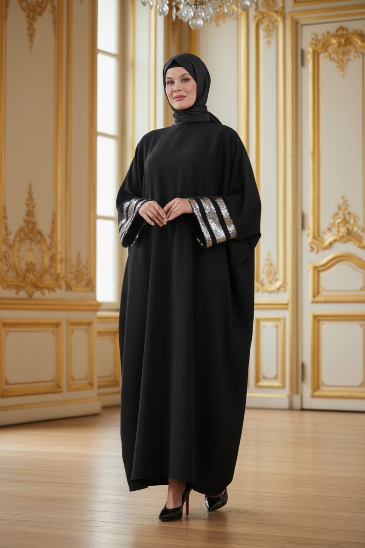 Plus Size Silver Sequin Striped-Sleeve Abaya - Black - Fzd Filizzade