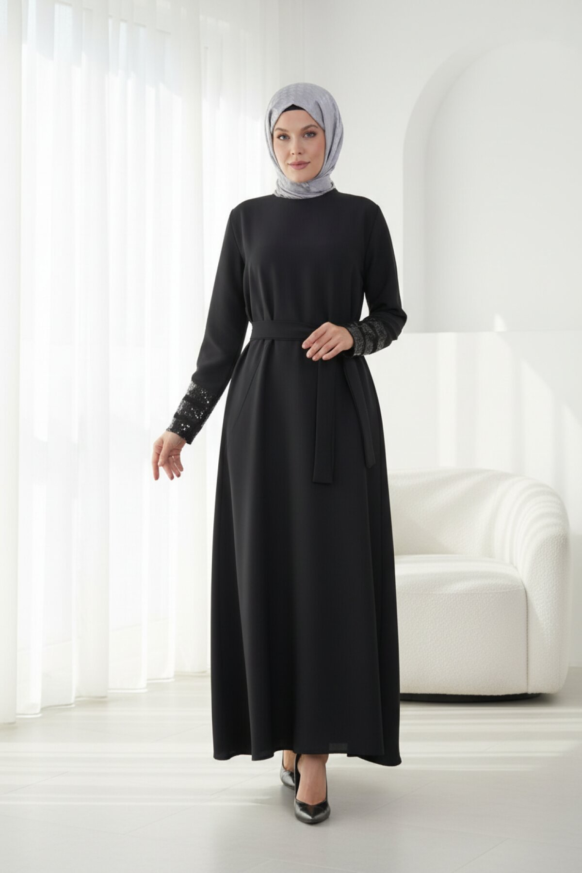 Belted Sequin-Sleeve Evening Dress - Black - Fzd Filizzade