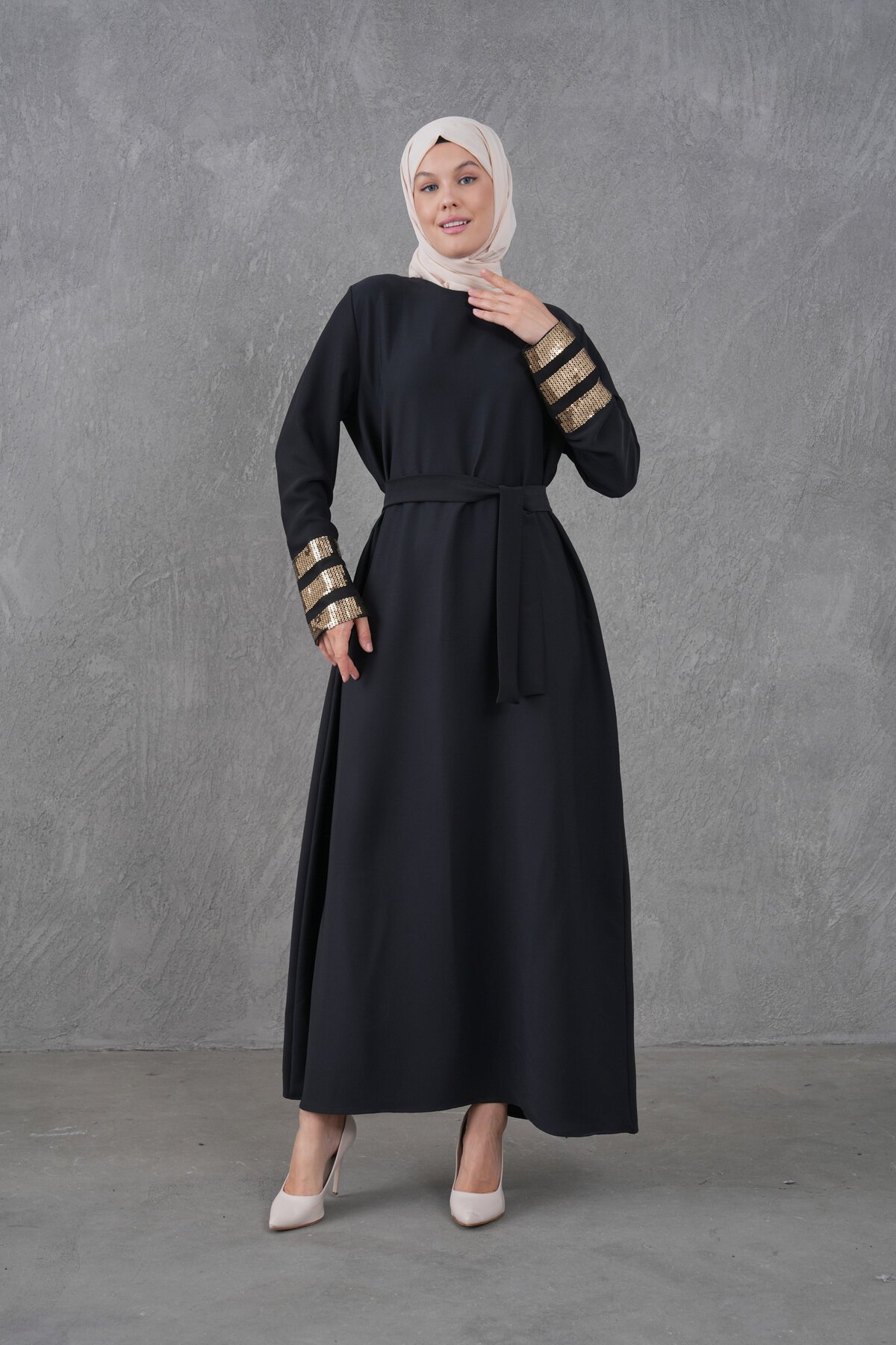 Belted Sequin-Sleeve Evening Dress - Black - Fzd Filizzade