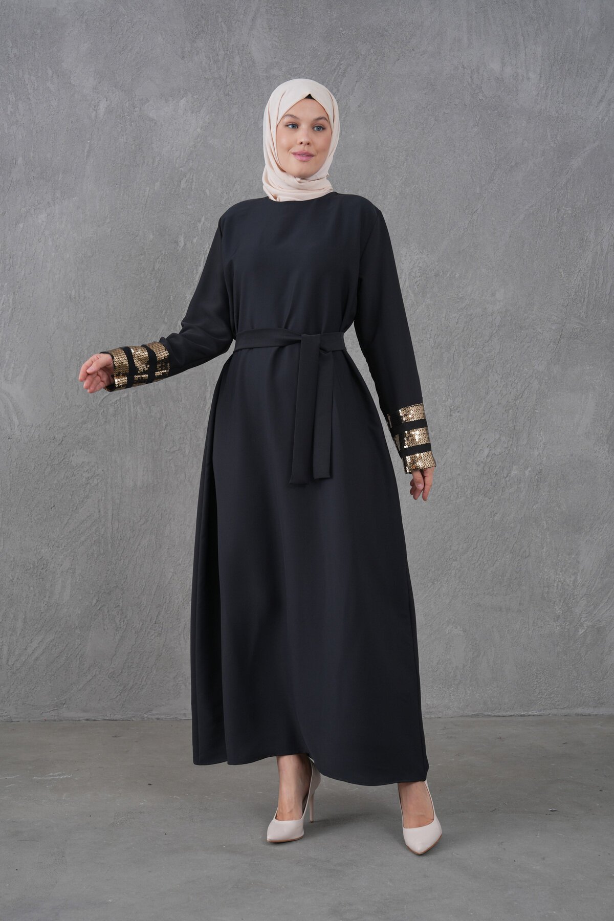 Belted Sequin-Sleeve Evening Dress - Black - Fzd Filizzade