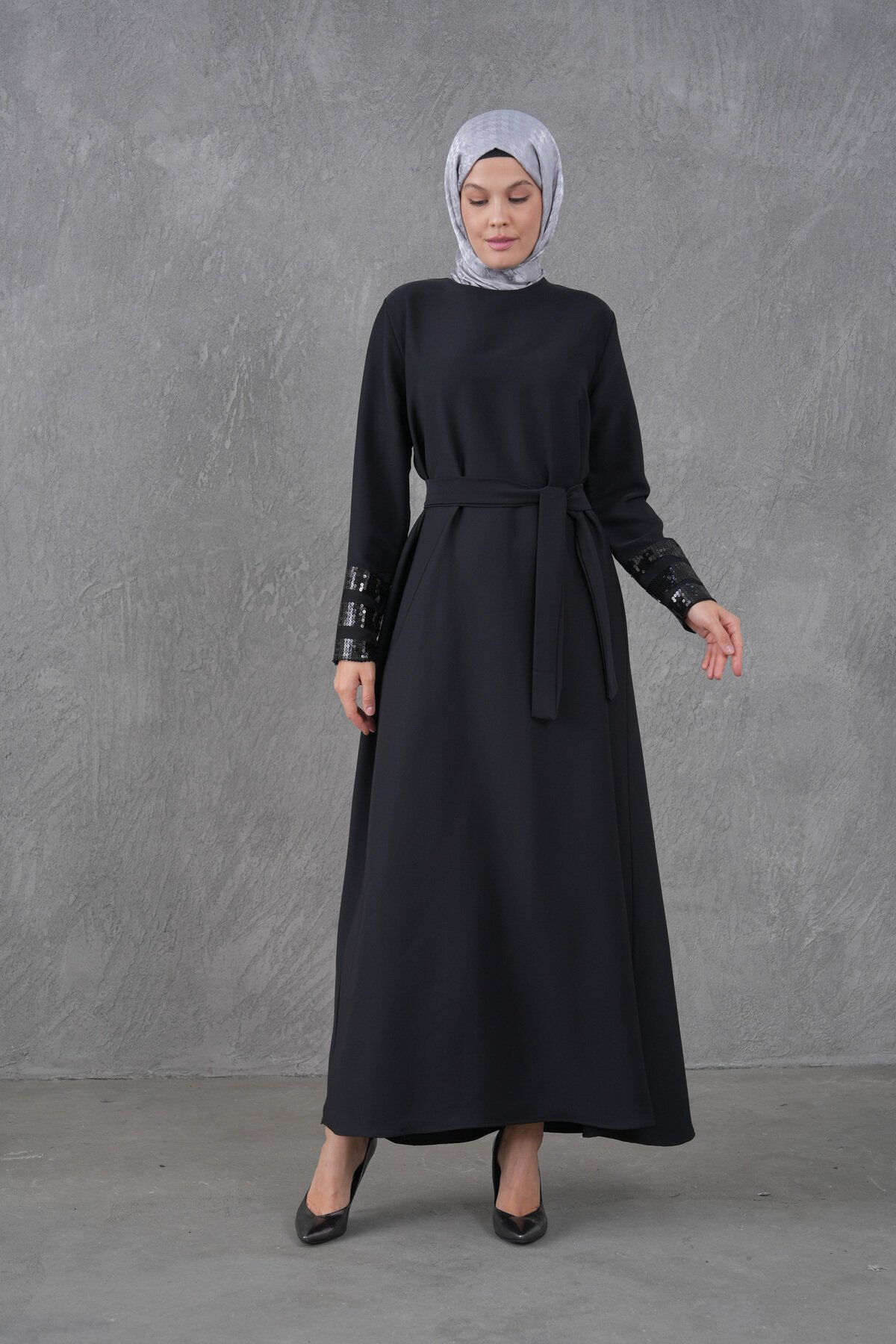 Belted Sequin-Sleeve Evening Dress - Black - Fzd Filizzade
