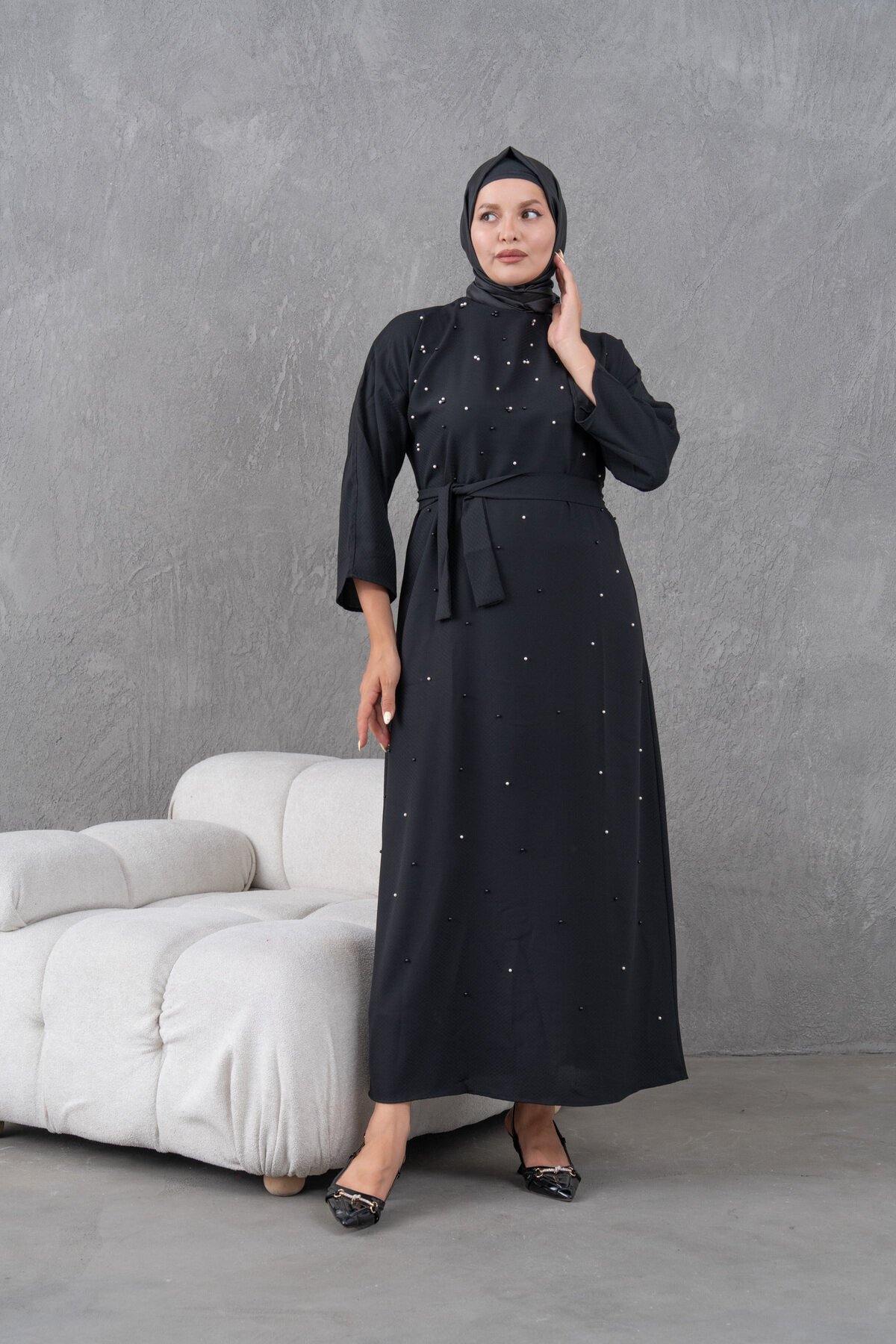 Belted Pearl-Detailed Evening Dress - Black - Fzd Filizzade