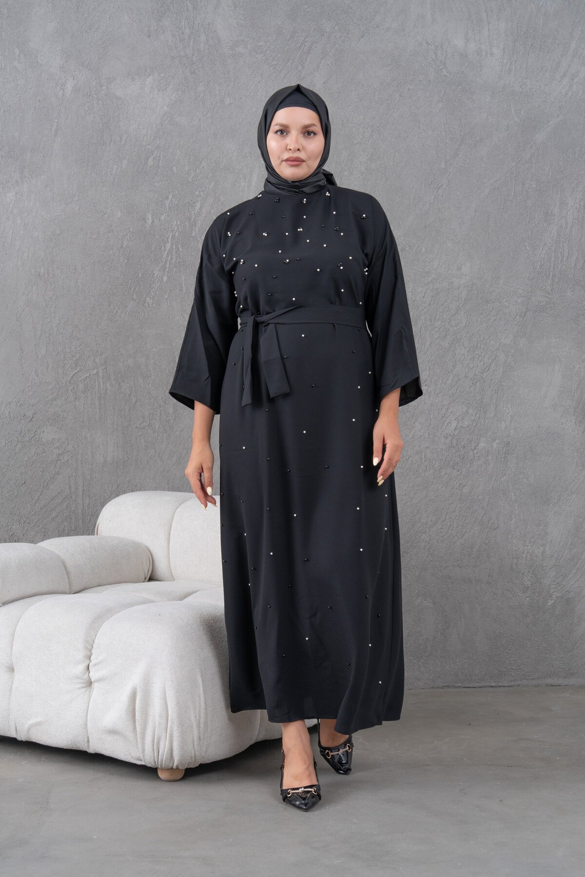 Belted Pearl-Detailed Evening Dress - Black - Fzd Filizzade
