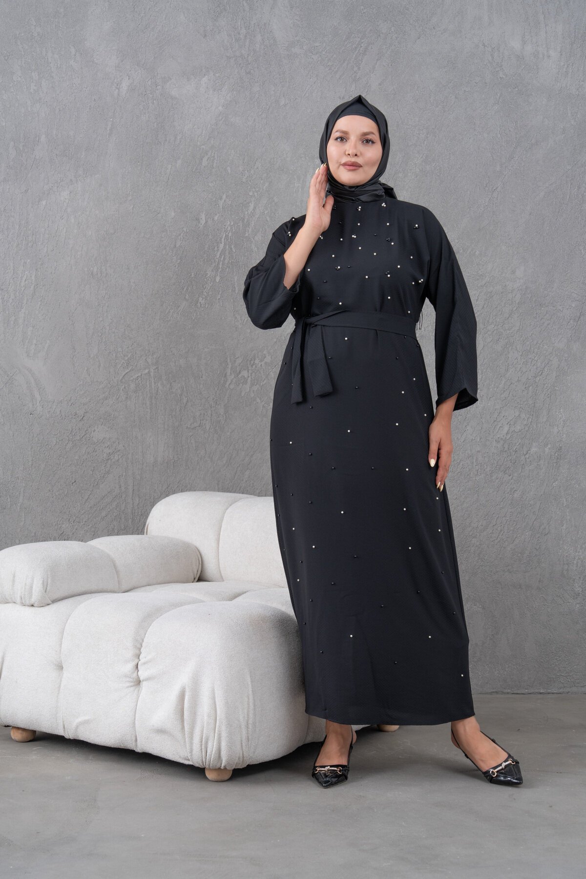Belted Pearl-Detailed Evening Dress - Black - Fzd Filizzade