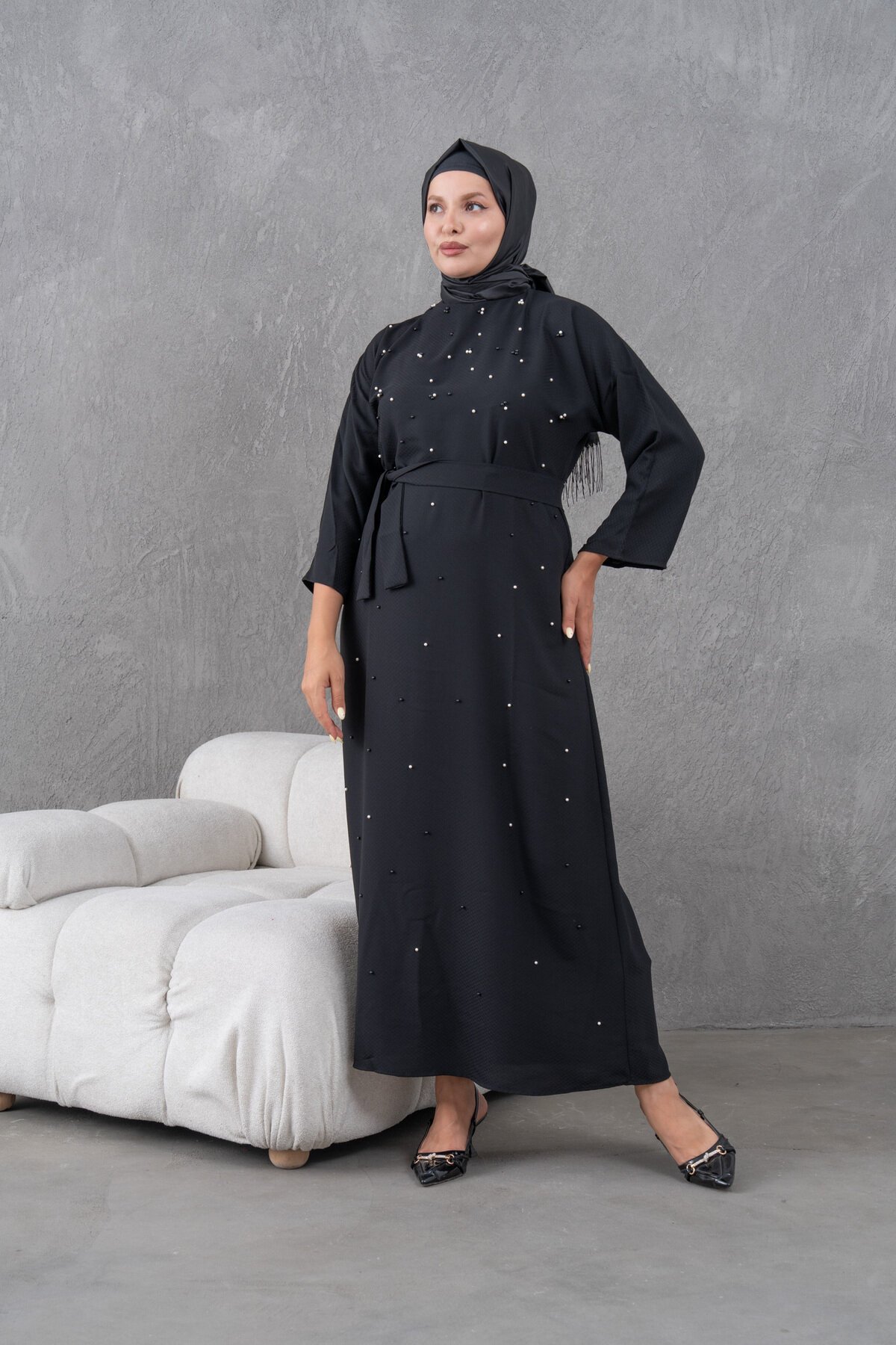 Belted Pearl-Detailed Evening Dress - Black - Fzd Filizzade